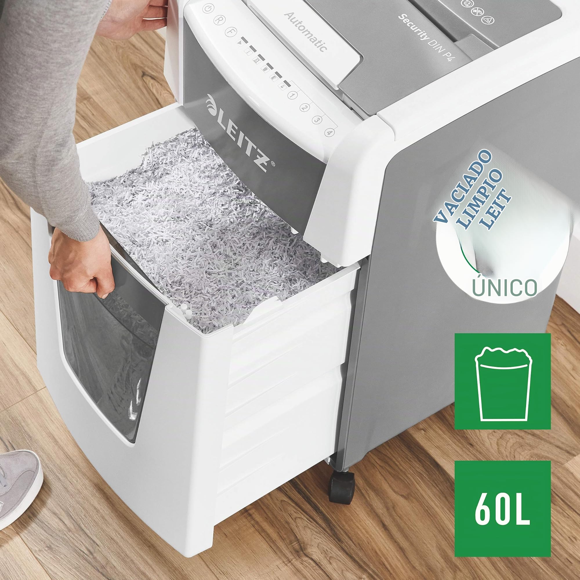 Leitz 80150000 – Destructora IQ 300 Autofeed P4 P4 300 Hojas 60L | Alimentación automática, tecnología antiatascos y destrucción de grapas, clips y tarjetas según modelo