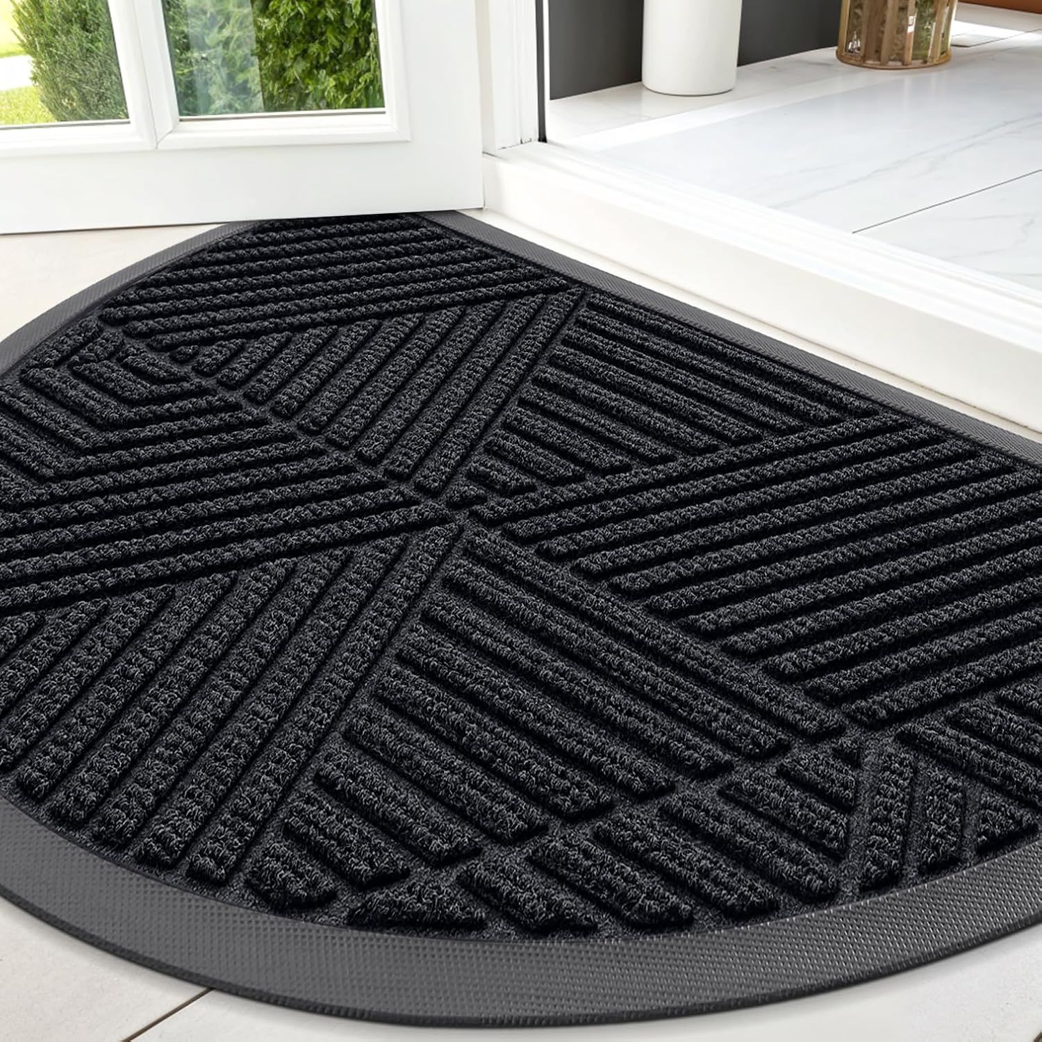Smiry Half Circle Front Door Mat Outside Entrance, Heavy Duty Sturdy Natural Rubber Doormat, Trap Dirt and Moisture, Low Profile Mats for Indoor Outdoor Entry, Irregular Triangle (47x32, Black) Black Irregular Triangle Semicircular 47" x 32"