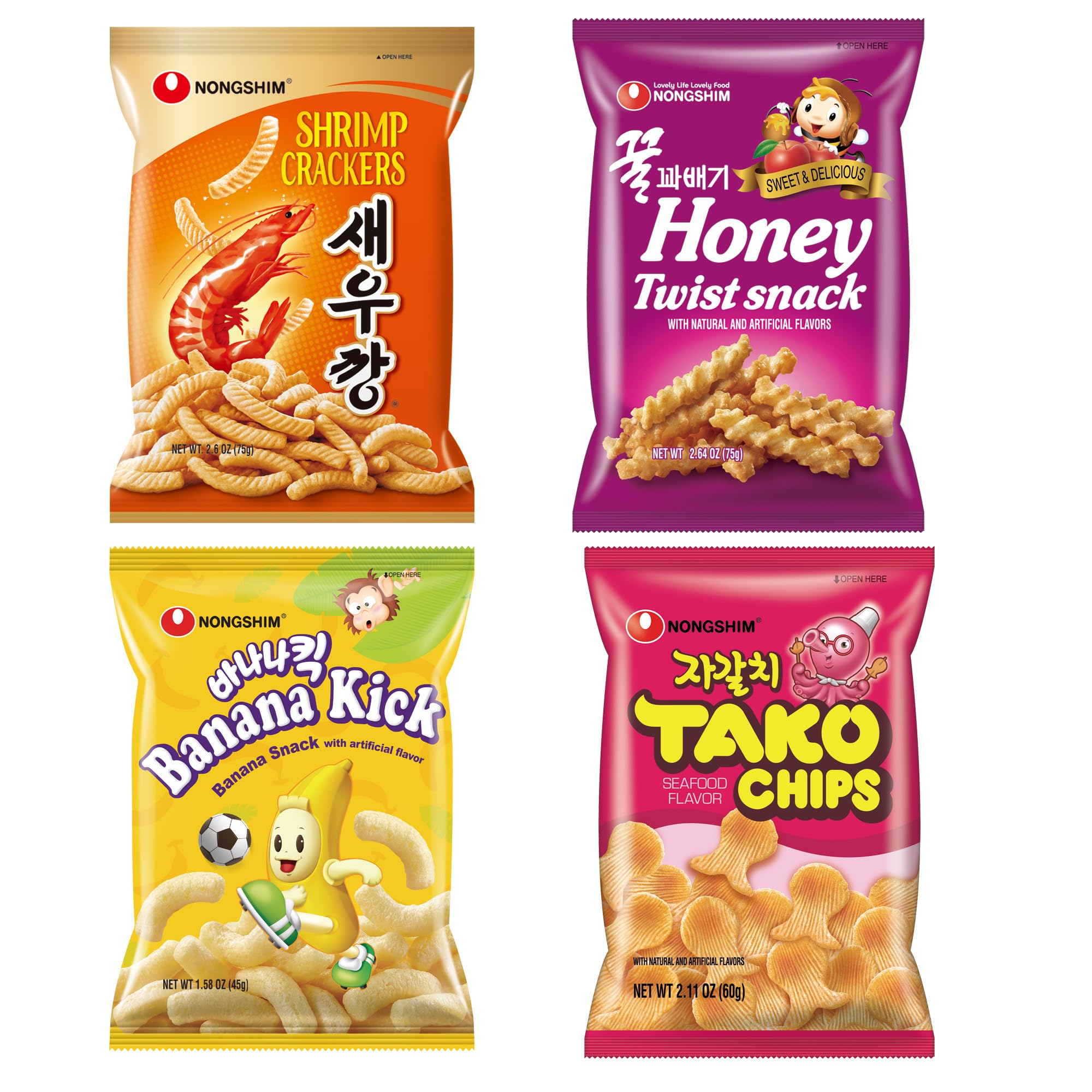 Nongshim Korean Variety Snack Pack, Original Shrimp Crackers, Honey Twist Snack, Banana Kick, Tako Chips, Variety Pack, Snacks for Kids, Sport Event Essential, Korean Snacks (Pack of 4)