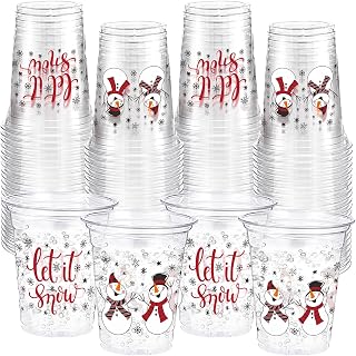 60 Pcs Christmas Snowman Disposable Plastic Cups 16 oz Winter Let It Snow Red Drinking Cup Bulk Xmas Snowflake Cup for Coffee Tea Cold Hot Drinks Christmas Party Supplies