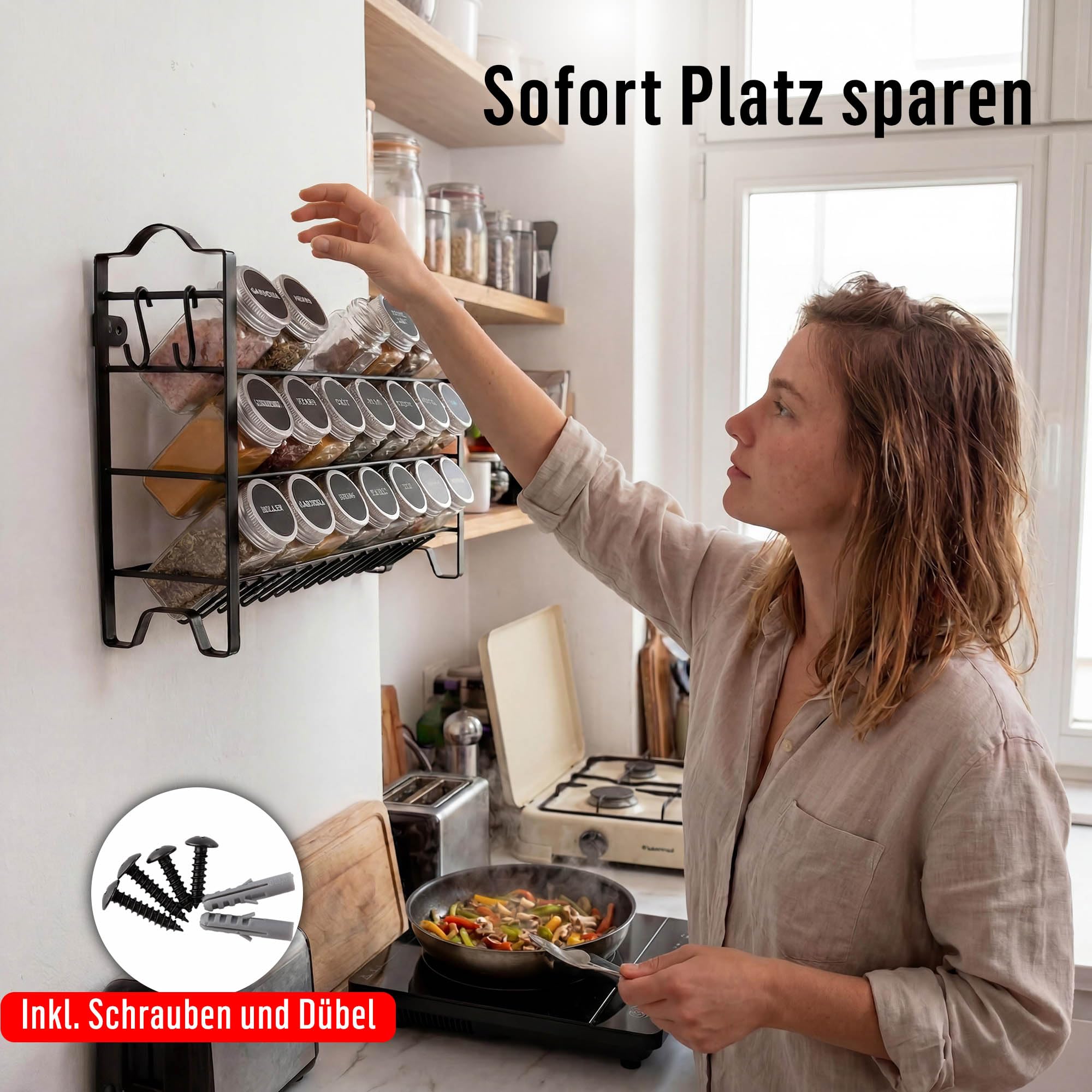 Deco haus® Gewürzregal Stehend & Wand [MIT GEWÜRZDOSEN & ETIKETTEN] - Gewürz Organizer - Spice Rack Organizer - Gewürzständer - Gewürzregalsystem Hängend - Gewürzaufbewahrung - Gewürzgläser mit Regal