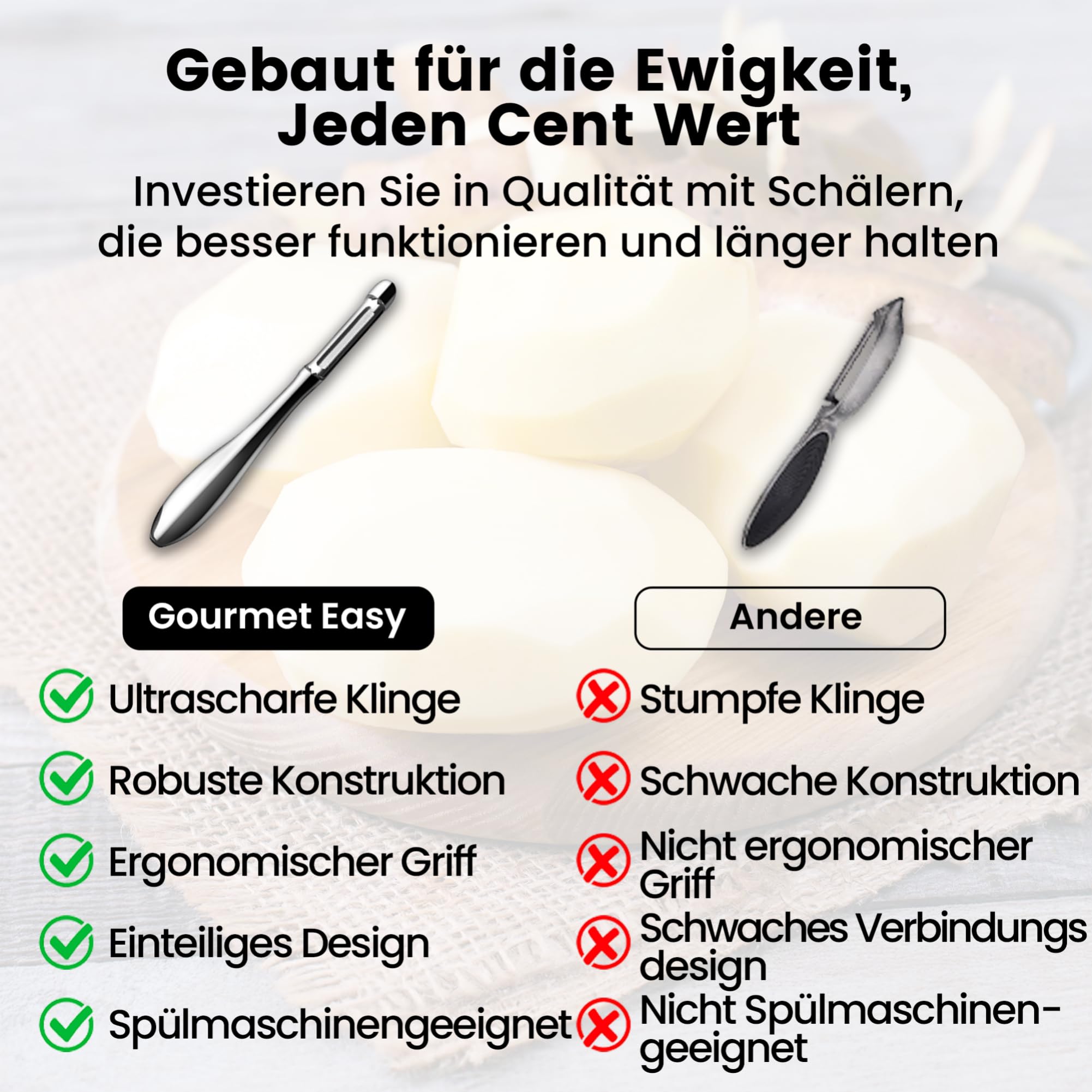 Gourmet Easy Premium Sparschäler aus Edelstahl für Obst & Gemüse l Schäler mit ultrascharfer Klinge geeignet als Kartoffelschäler & Spargelschäler mit ergonomischem und rutschfestem Griff – Bild 6