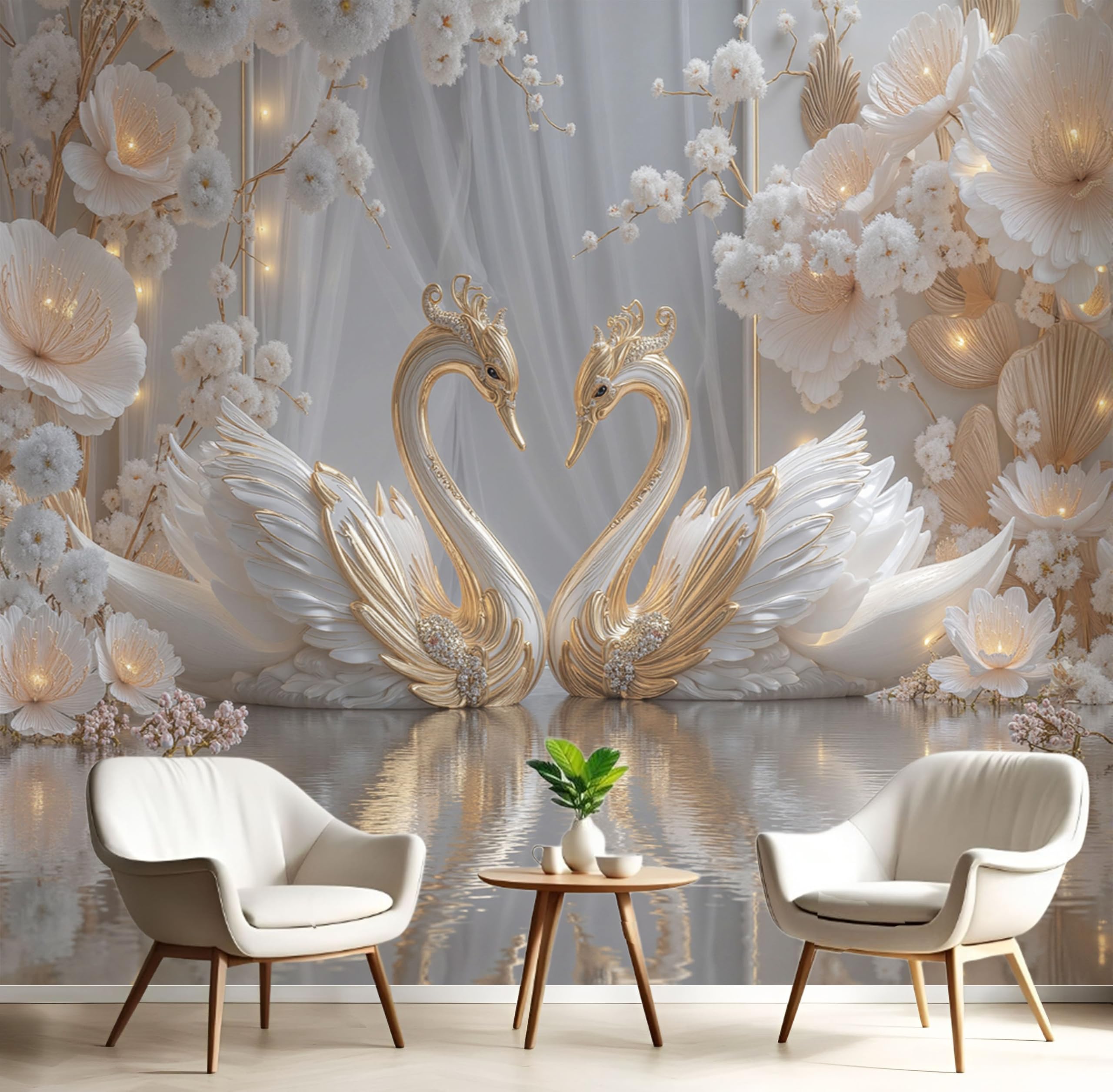 Papier peint panoramique sculpture de cygne, décor mural beige 150x105