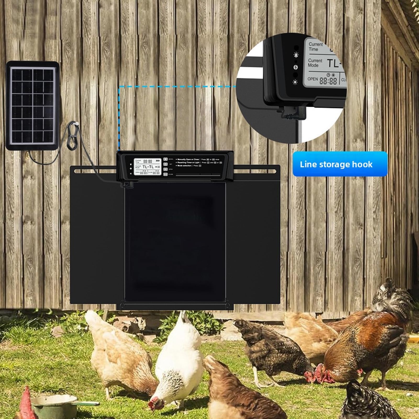 Puerta Automática para Gallinero, Aluminio con Energía Solar con Sensor de Luz, Temporizador, Control Remoto, Mecanismo Antipellizco, Alarma de Anomalía para la Seguridad de