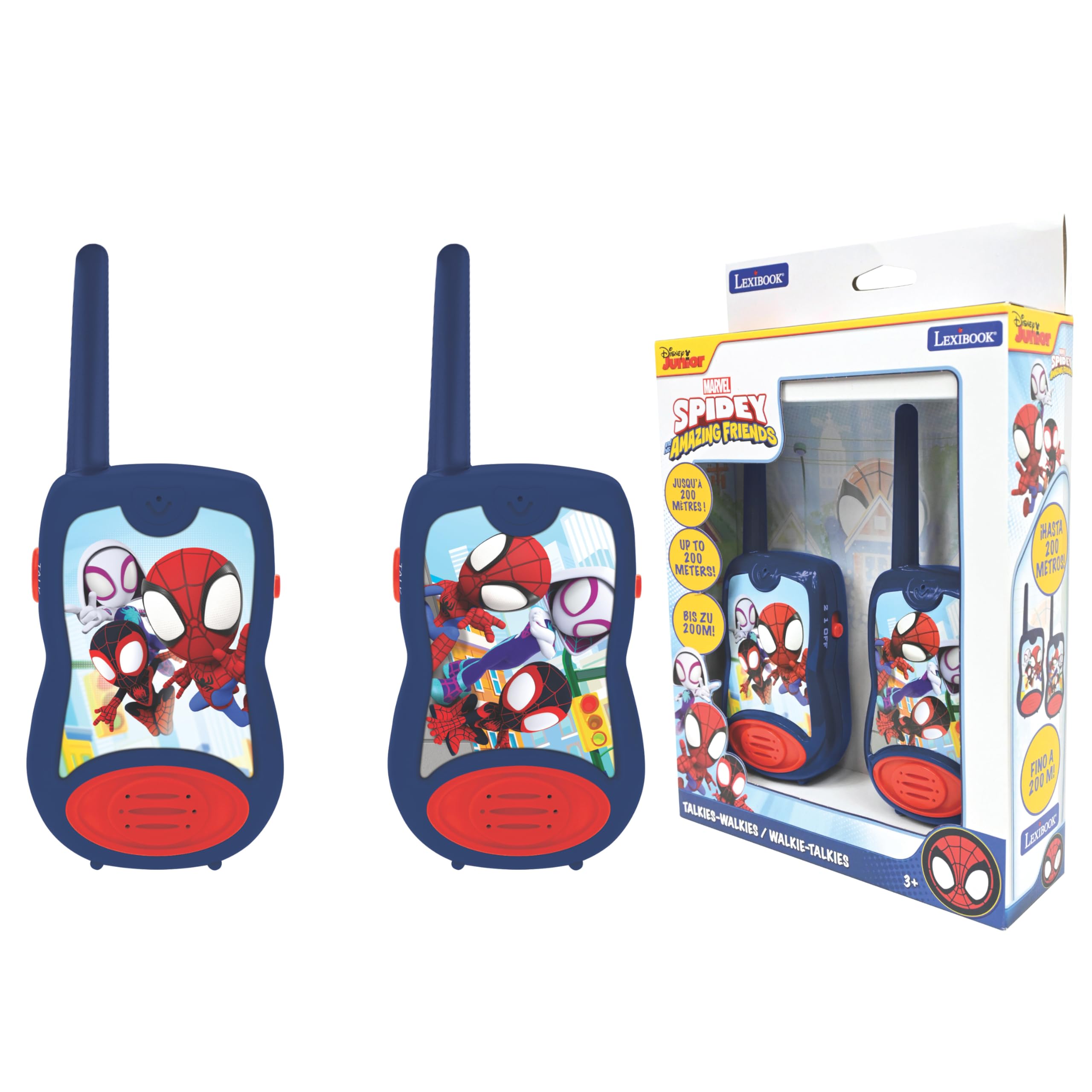 LEXIBOOK, Spidey and His Amazing Friends, Walkie-Talkies 200m, Communication Game for Children, 2 Communication Channels, Belt Clip, Battery Operated, Blue/Red, TW12SP1