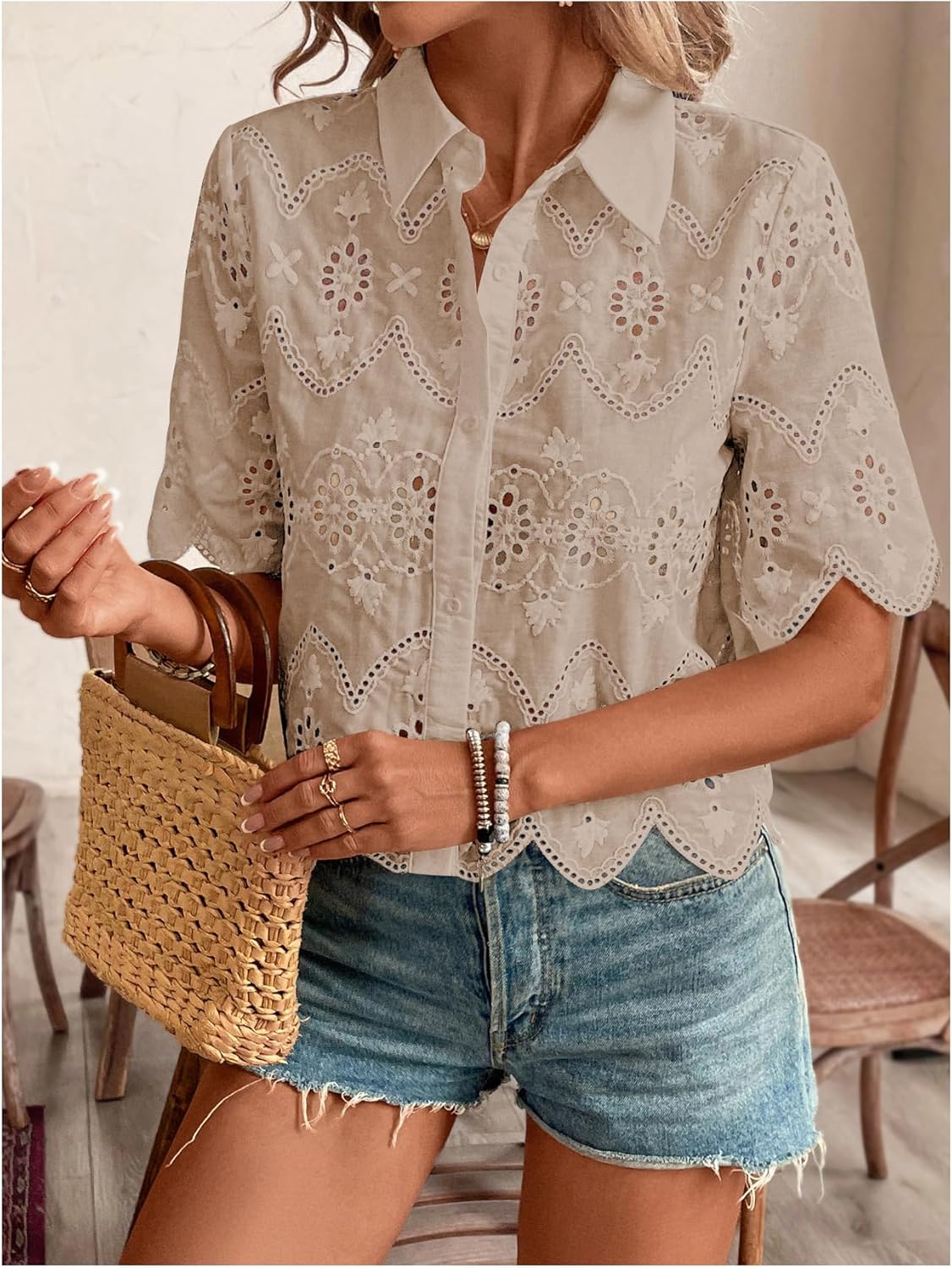 SweatyRocks Women's Short Sleeve Button Down Collared Blouses Embroidery Eyelet Top