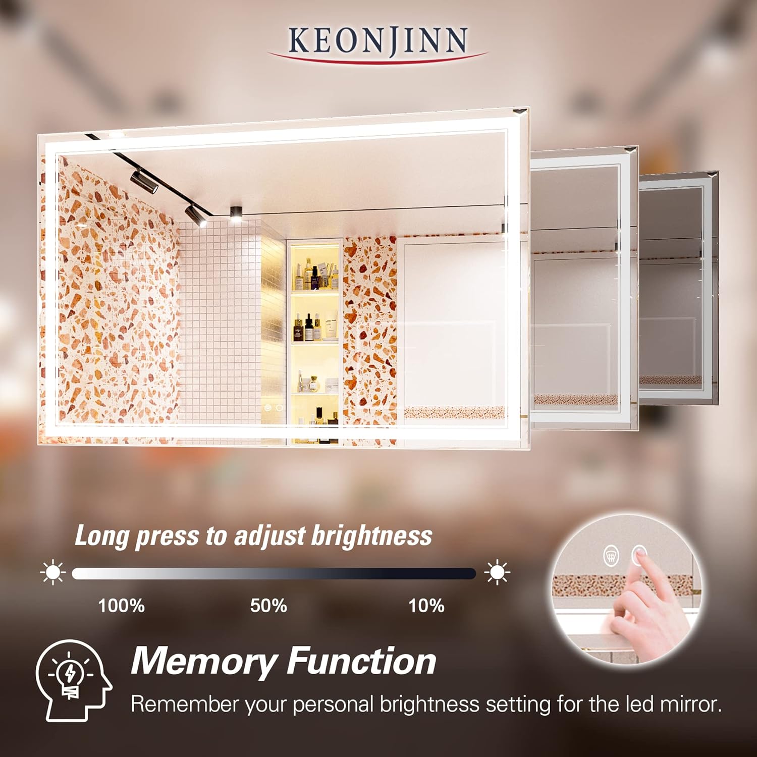 Image showing the Keonjinn LED mirror in a bathroom setting, with an inset image of a wall plug and a wall switch, indicating support for both connection methods.