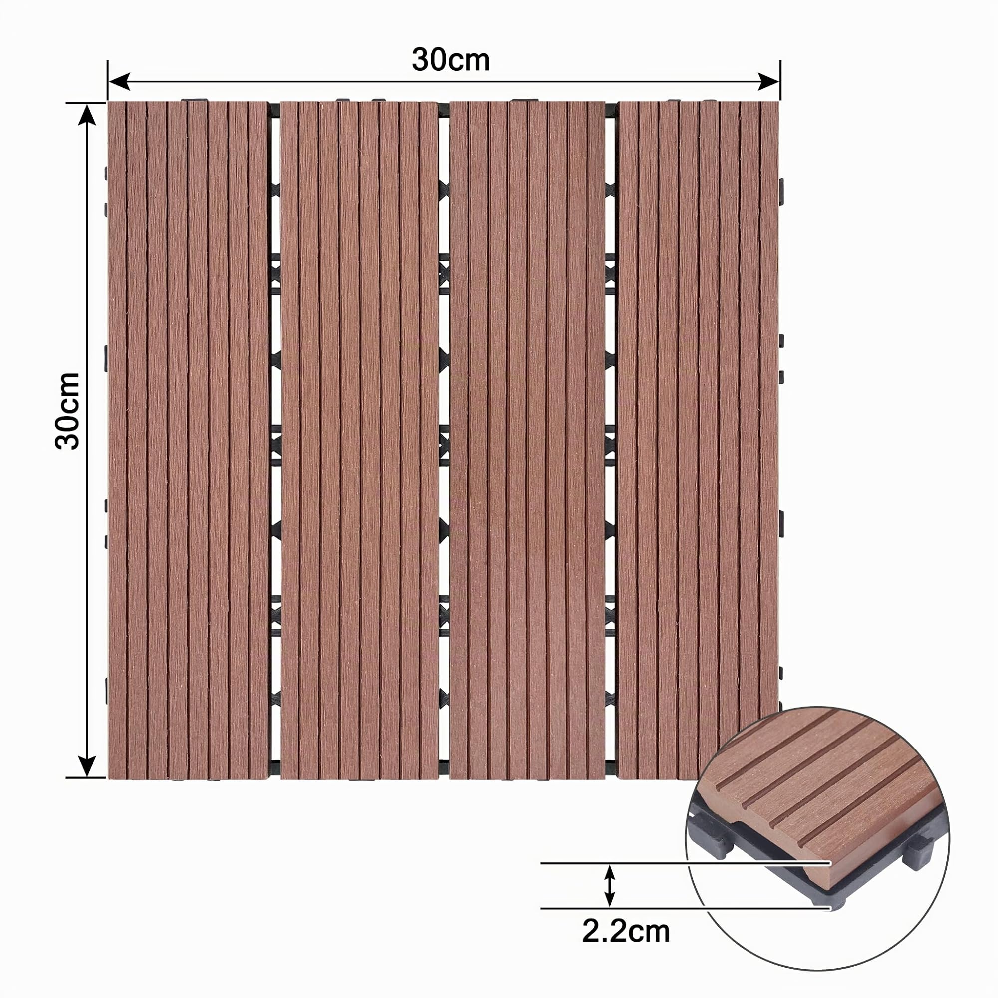 Froadp 30x30cm Pavimento per esterno, Piastrelle in Plastica Composita WPC, Pavimentazione in Plastica-legno all'aperto, Sistema di Grata Plug-in per Balcone Terrazza Giardino(22 pcs, Marron)