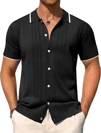 Mens Knit Shirt Short Sleeve Button Down Shirt Textured Casual Summer Tops