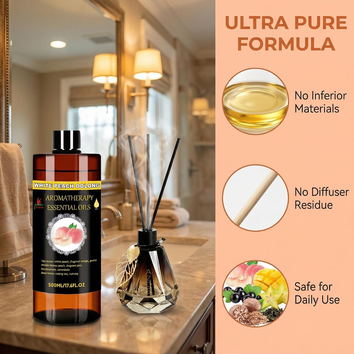 Essential Oils Diffuser Oil Refill 17.6fl.oz Large Volume Plant-Based Formula Aromatherapy Oil Air Refreshing Odor Reducing Long Lasting Scent Home Hotel Office Use Elitzia ET500EO3