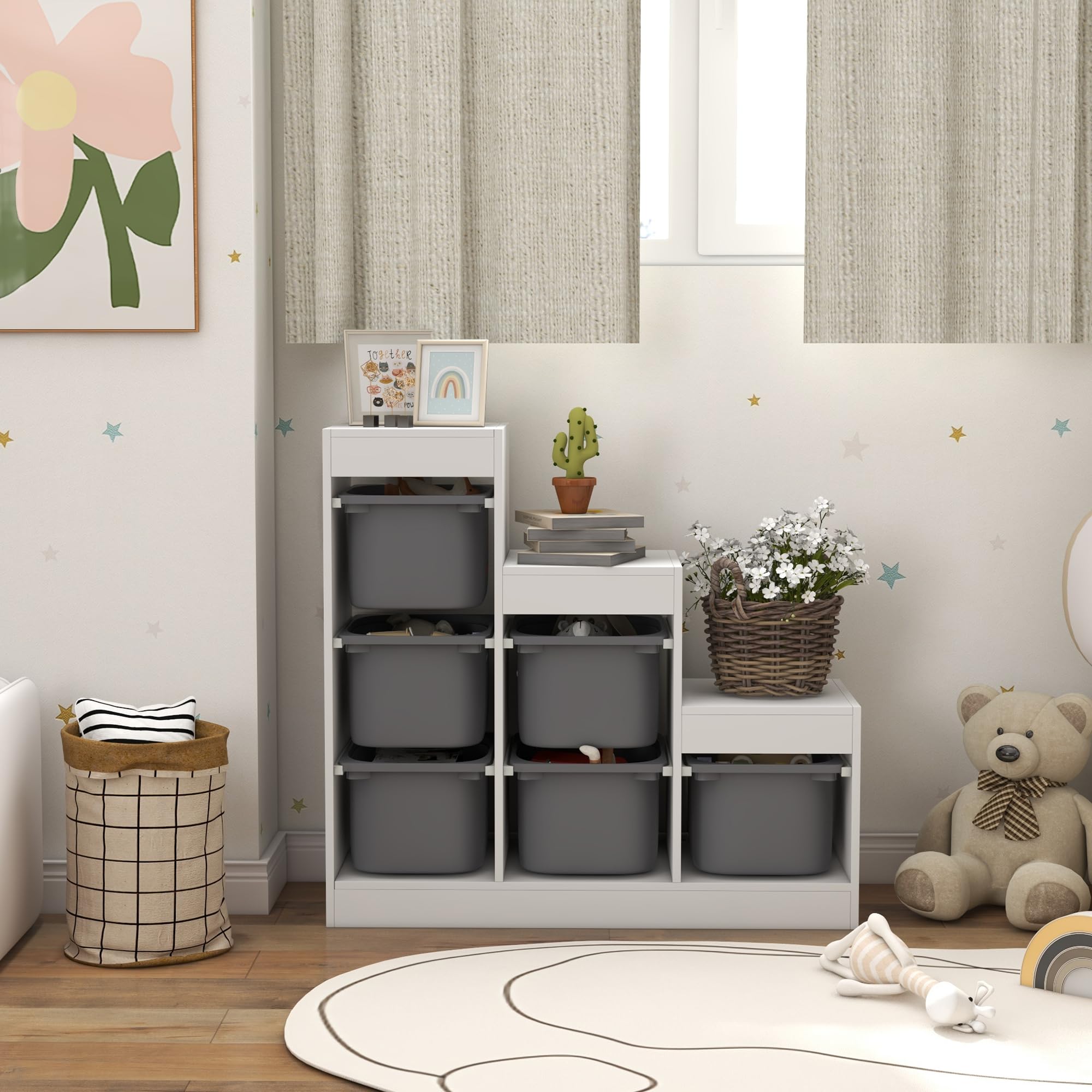AIYAPLAY Meuble de Rangement pour Jouets avec 6 bacs Amovibles 3 Niveaux, Rangement de Jouets pour Enfants Nettoyage Facile, pour Les 3-8 Ans, Gris