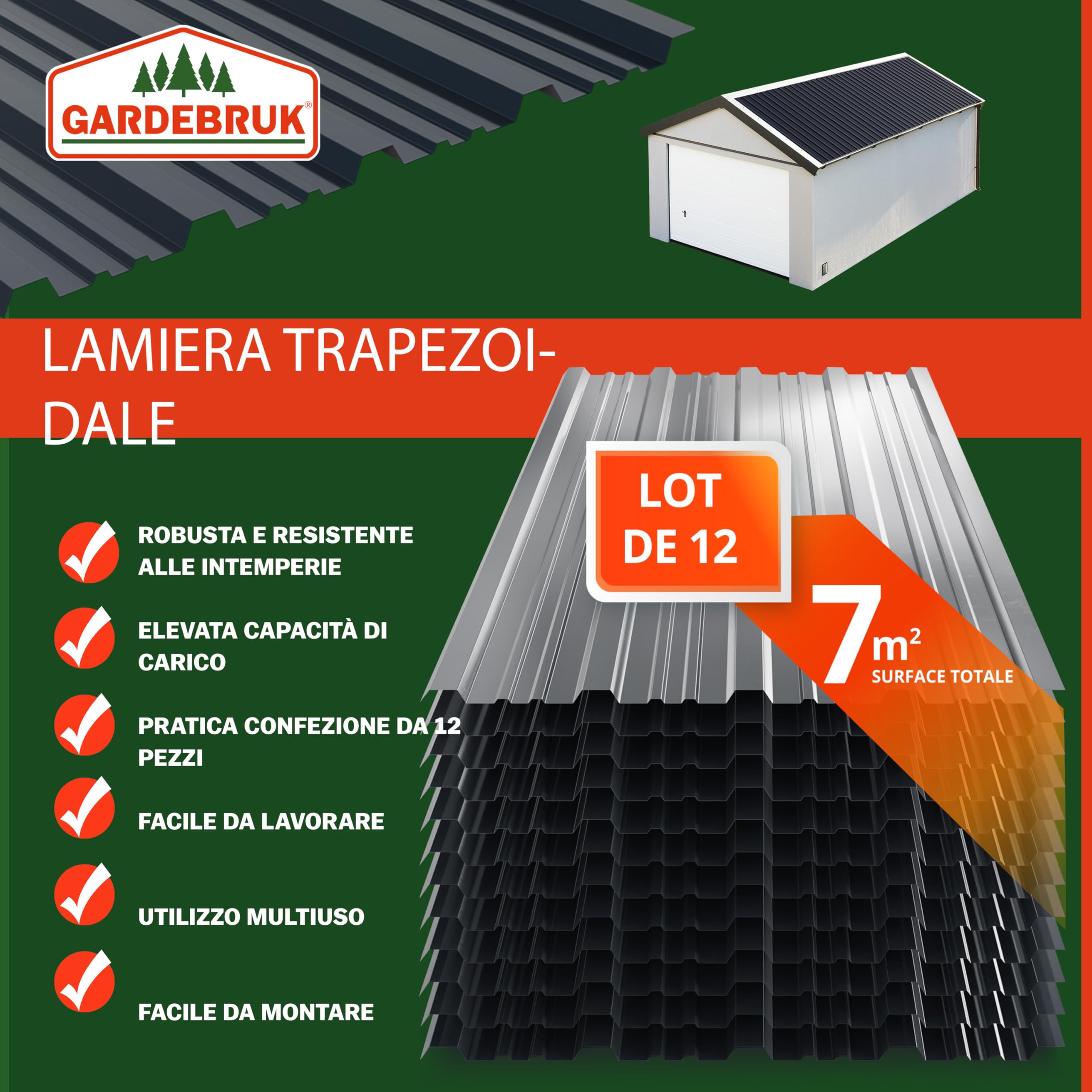 GARDEBRUK 12x Lastre per Coperture 129x46cm 7m² Zincate Lamiere Tettoia Capanno Attrezzi Antracite