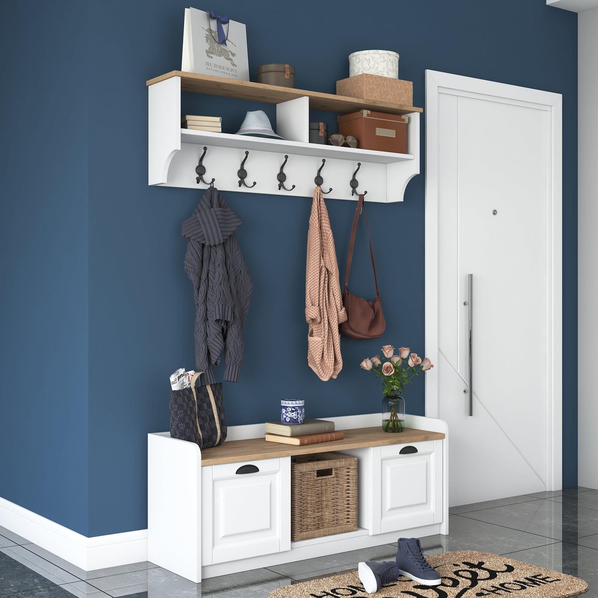 Dmora Mobile da Ingresso Karola 120x22x37h cm Bianco 6 Ripiani Appendiabiti, Modulabile
