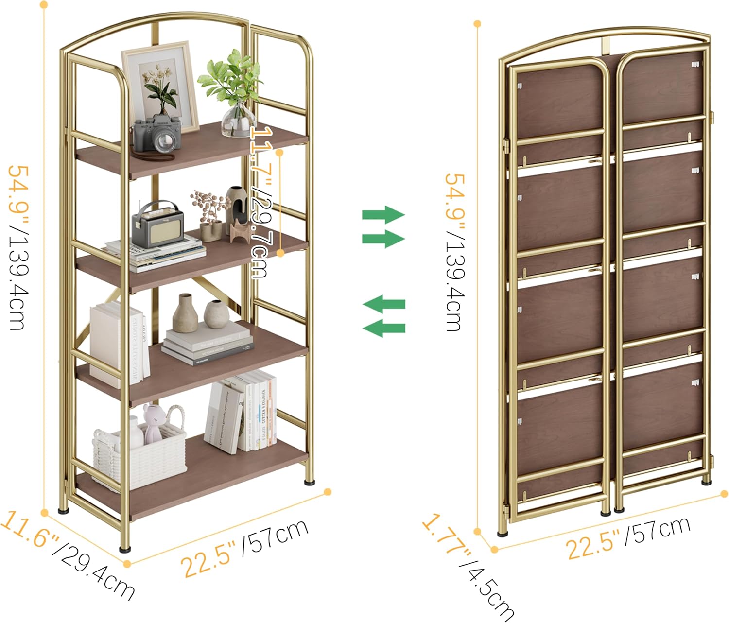 No-Assembly Gold Folding Bookshelf Storage Shelves 4 Tiers Vintage Multifunctional Plant Flower Stand Storage Rack Shelves Bookcase for Home Office