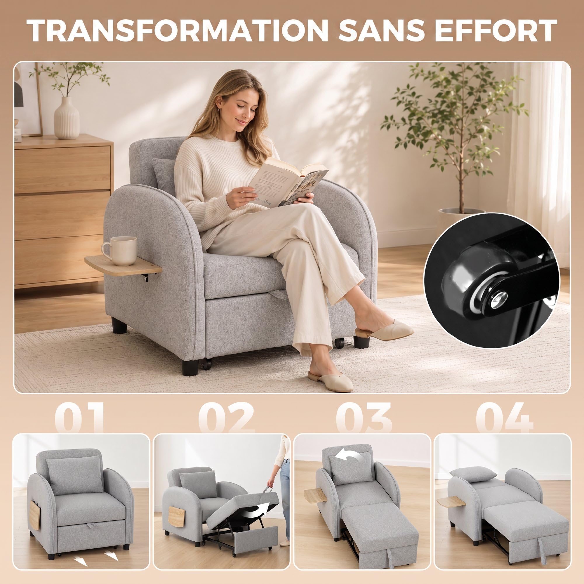 HOMCOM Fauteuil Convertible 1 Place Fauteuil-Lit Clic-Clac 3 en 1 Gris