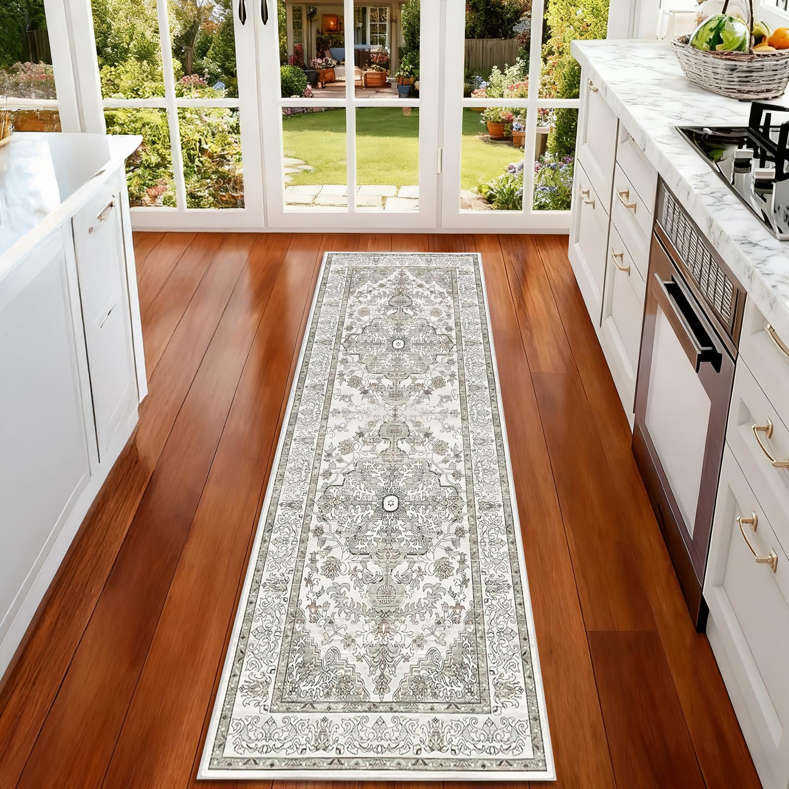 Tapis de couloir vintage bohème gris taupe lavable pour entrée et salon