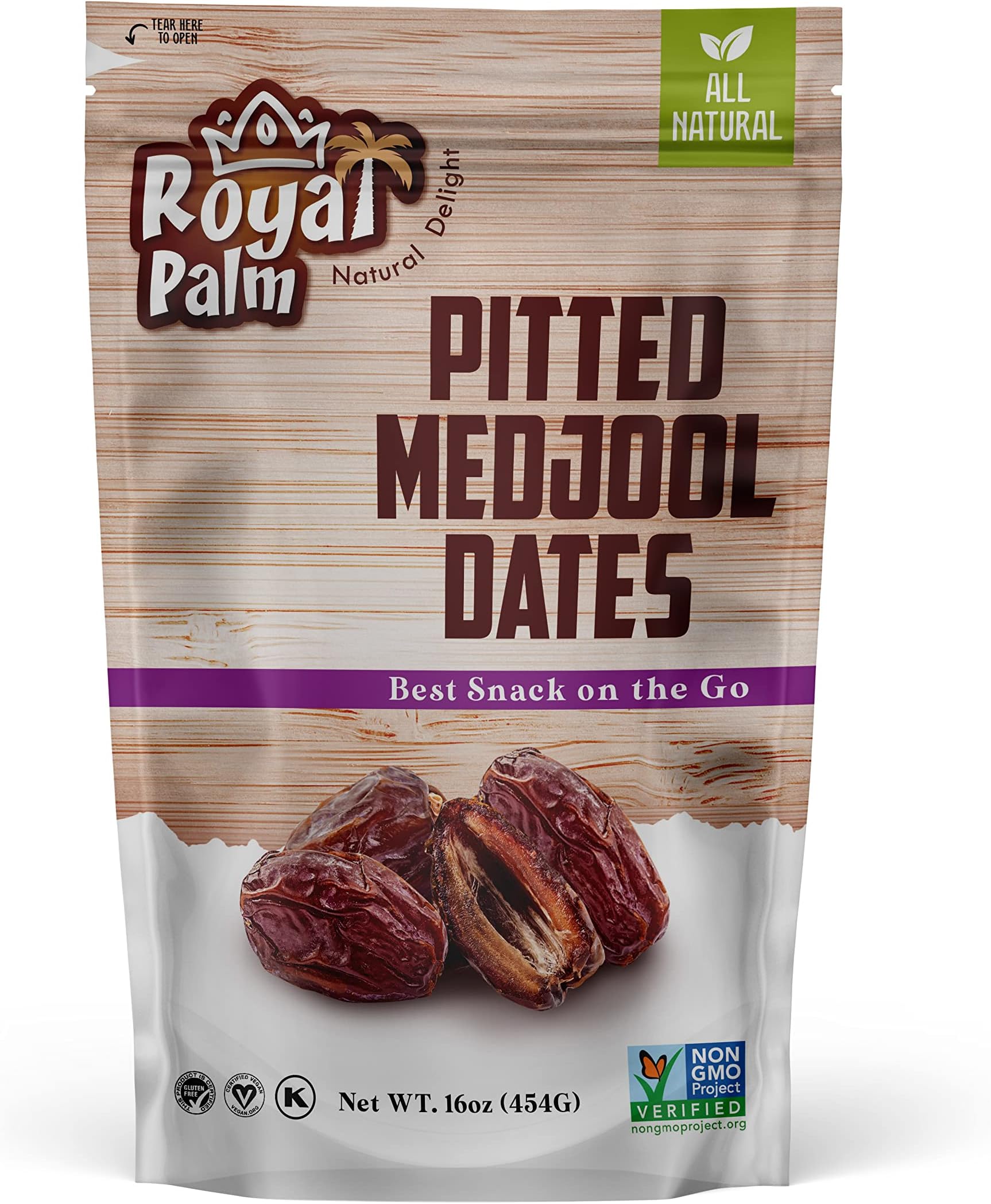 Royal Palm Pitted Medjool Dates, 16oz (Pack of 1) – 100% Natural, No Sugar Added, Non-GMO, Kosher, Fresh & Sweet – Ideal for Baking, Snacking, Energy Snacks, Healthy Eating