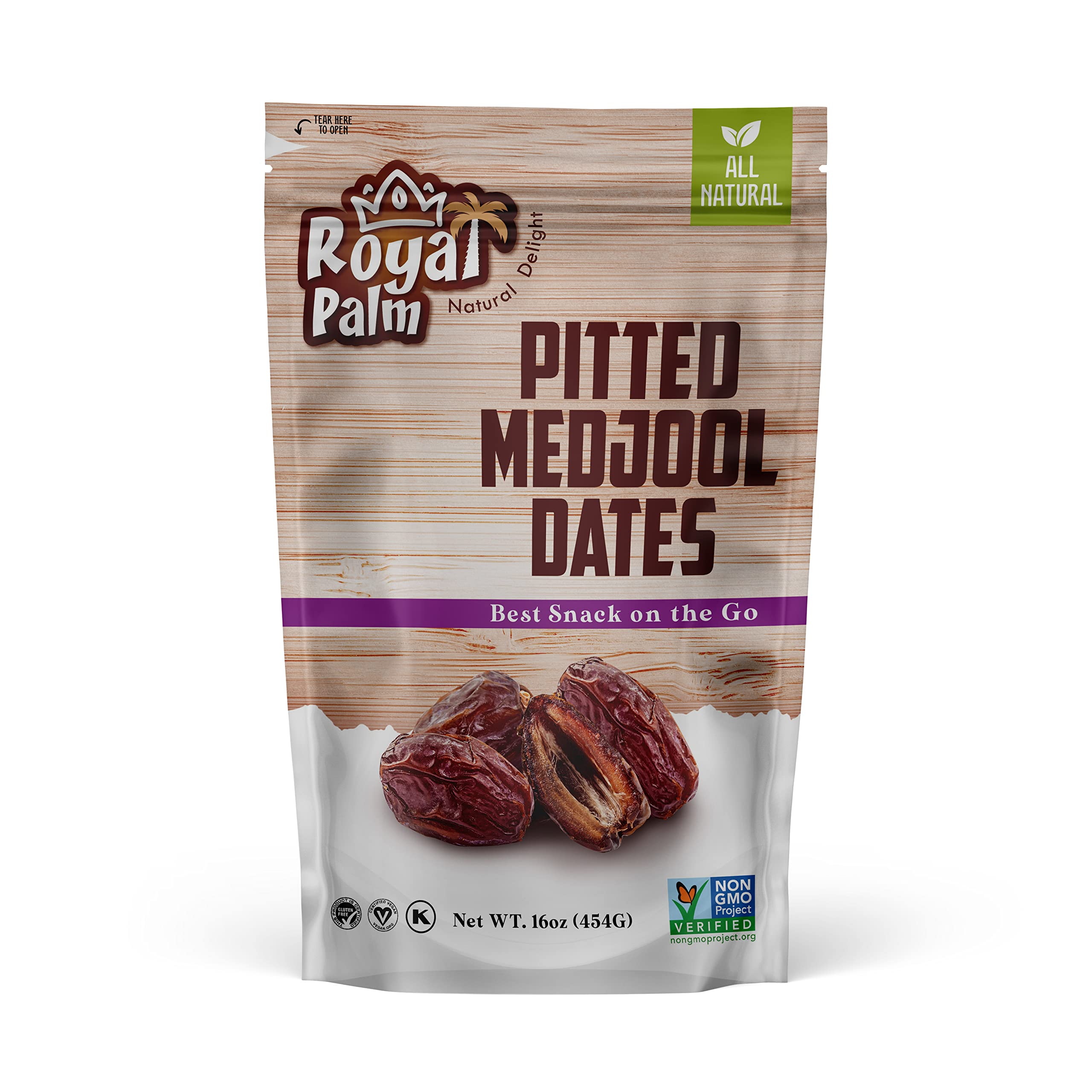 Royal Palm Pitted Medjool Dates, 16oz (Pack of 1) – 100% Natural, No Sugar Added, Non-GMO, Kosher, Fresh & Sweet – Ideal for Baking, Snacking, Energy Snacks, Healthy Eating