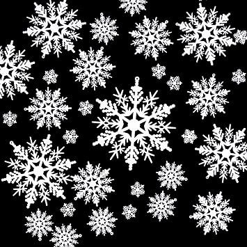 100 Pieces Christmas White Snowflake Ornaments Plastic Snowflakes Hanging Craft for Winter Party Christmas Tree Decorations, Assorted Sizes 1,2,3,4,5,6 Inches