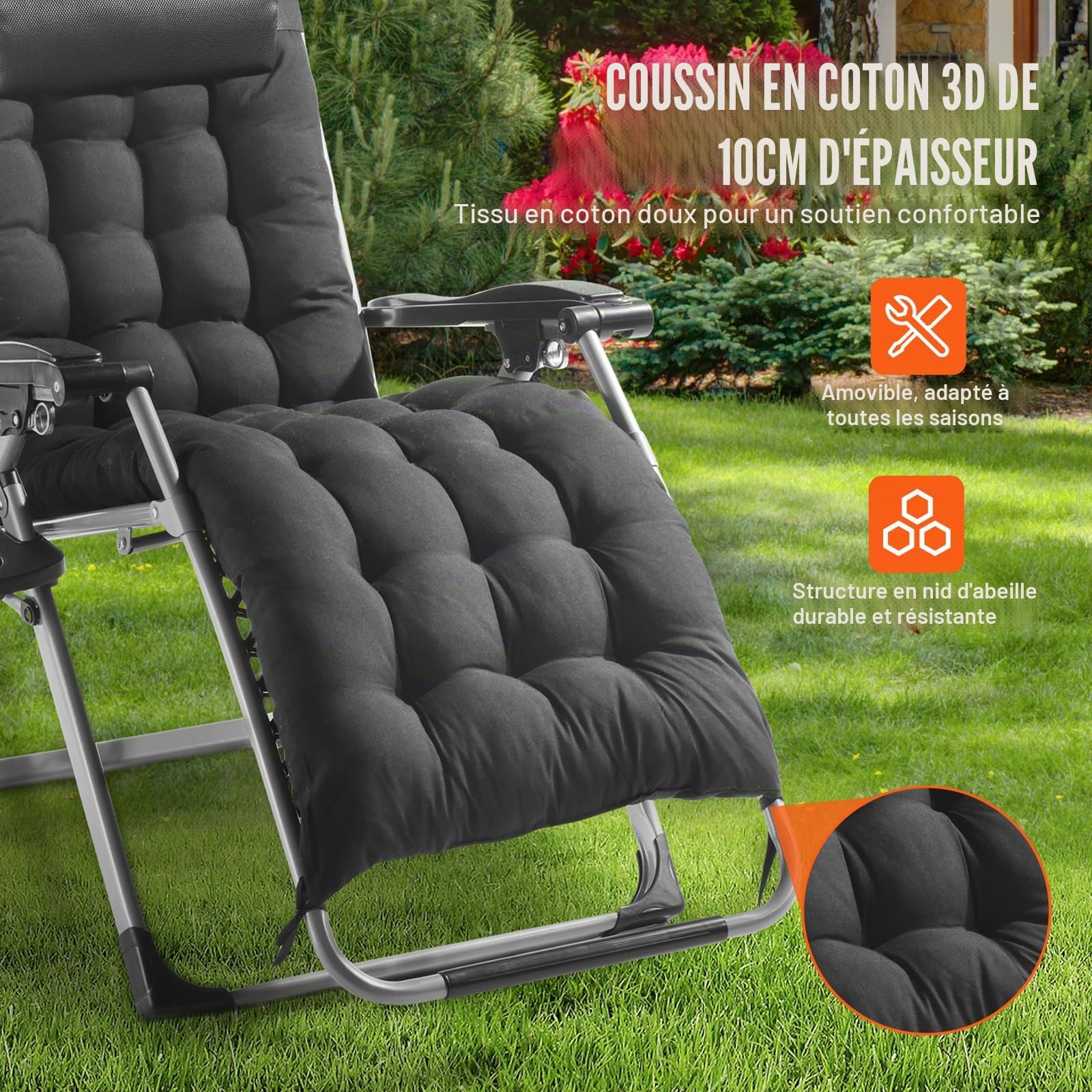 VEVOR Fauteuil Inclinable Zéro Gravité, 645 mm, Transat Relax Jardin pour Intérieur Extérieur, Chaise Longue Anti-gravité Réglable avec Coussin, Appui-tête, Repose-pieds, Porte-gobelet, 226,8 kg, Noir