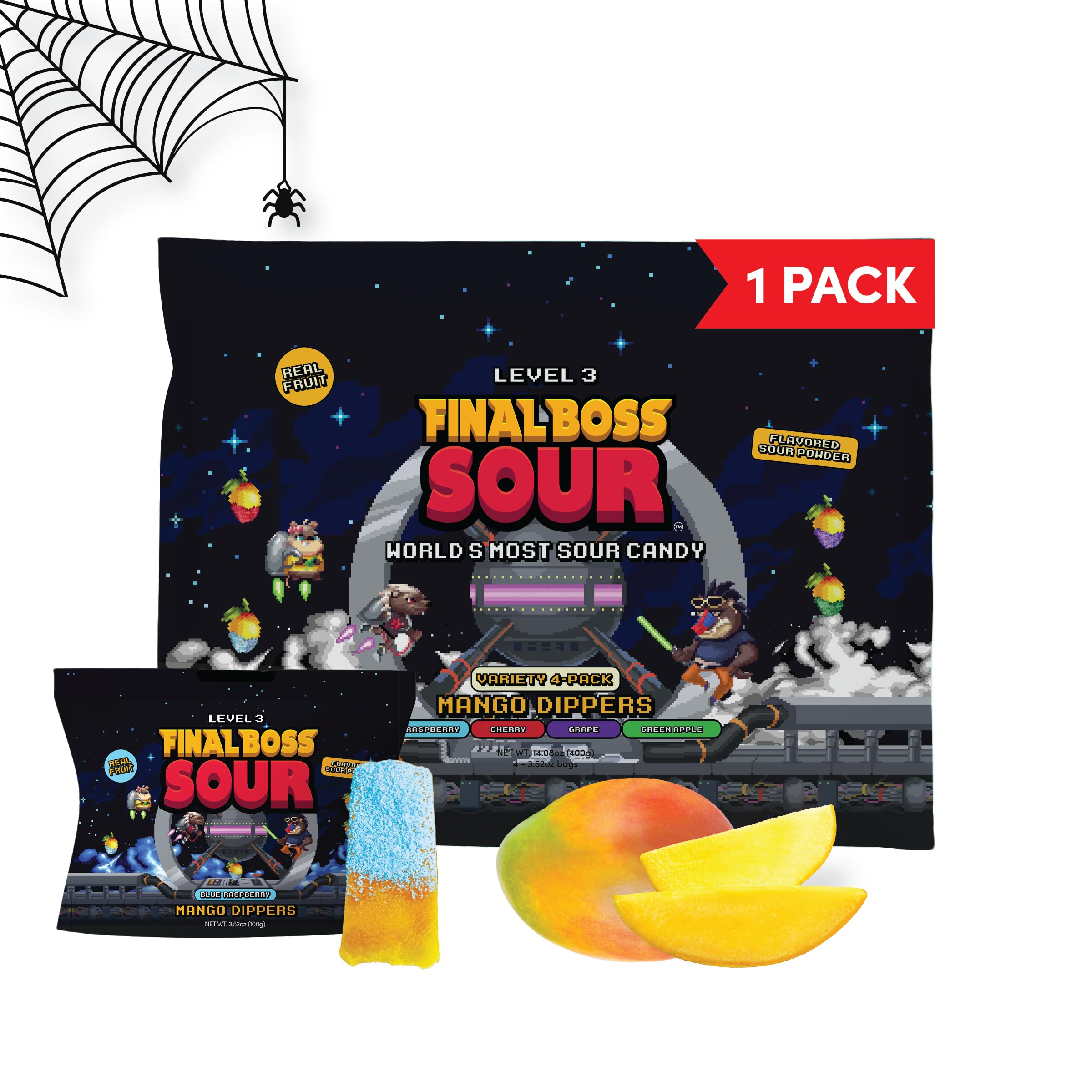 Final Boss Sour Fun Dip, Blue Raspberry, 1 Pack, Level 3, Extreme Super Sour Powder with Real Candy Tasting Dried Mangoes, All Natural 80s & 90s Party Candy, Snack for Kids, Teens, Adults & On the Go