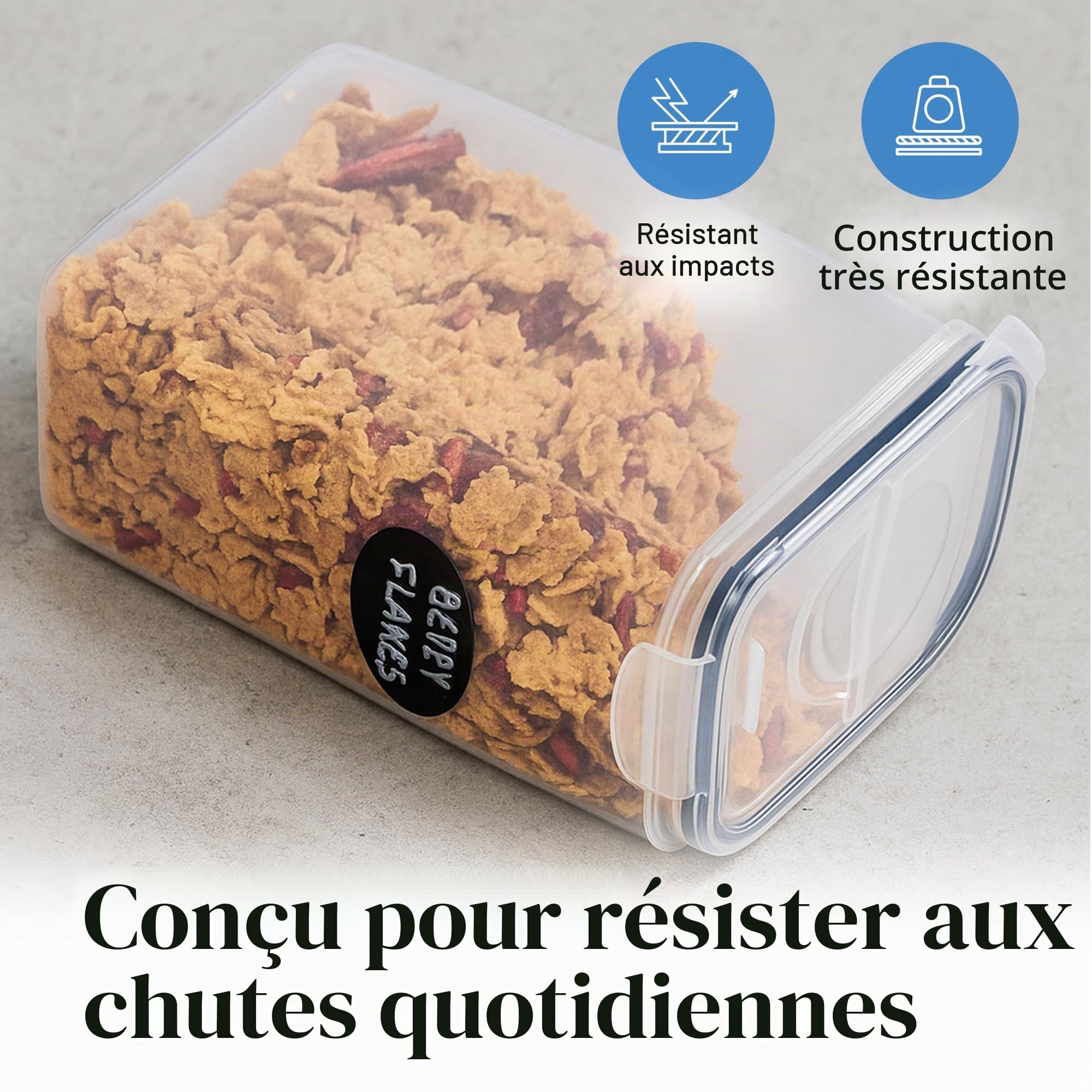 nuovva Lot de 4 boîtes de conservation en plastique pour céréales - Distributeur de céréales pratique - Qualité alimentaire et sans BPA - Durable et facile à utiliser - Idéal pour les cornflakes