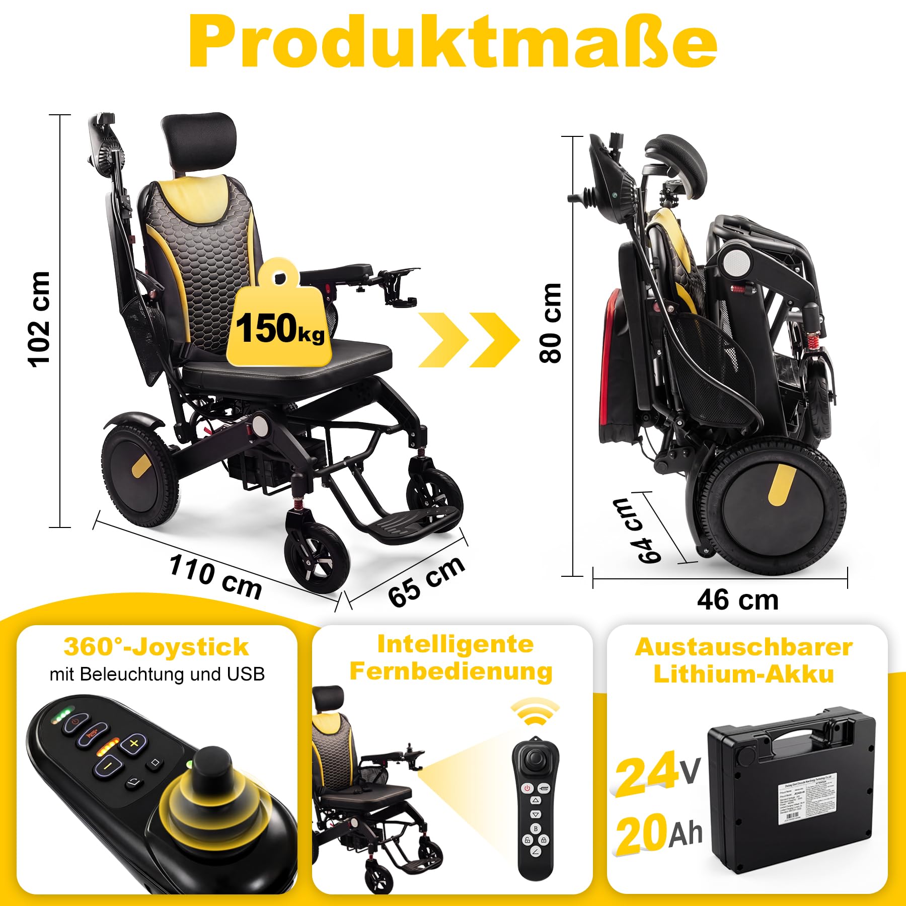 Elektrischer Rollstuhl 40 km Reichweite mit Liegefunktion | Faltbar, Extra-breiter Sitzbezug, Intelligente Fernbedienung, Intelligente Bremse, Ergonomisch