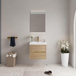 GDFStudio 24" Wall-Mounted Bathroom Vanity with Sink, Pre-Assembled Floating Storage Cabinet, Floating Storage Vanity, Bathroom Furniture, Stone Resin Countertop & Soft-Close Drawers, Natural Oak