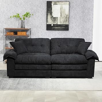 أريكة Chenille Cloud مقاس 84 بوصة لغرفة المعيشة، أريكة مريحة مبطنة بمقعد عميق، أريكة حديثة كبيرة الحجم بثلاثة مقاعد مع وسادتين لغرفة النوم والشقة والمكتب، باللون الأسود
