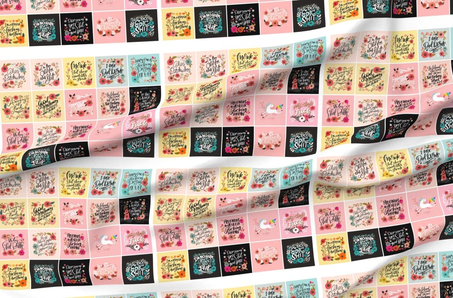Spoonflower Fabric - Pink Flowers Floral Funny Girly Patchwork Profanity Swear Curse Words Printed on Organic Cotton Sateen Fabric by The Yard - Sewing Quilting Apparel Home Decor