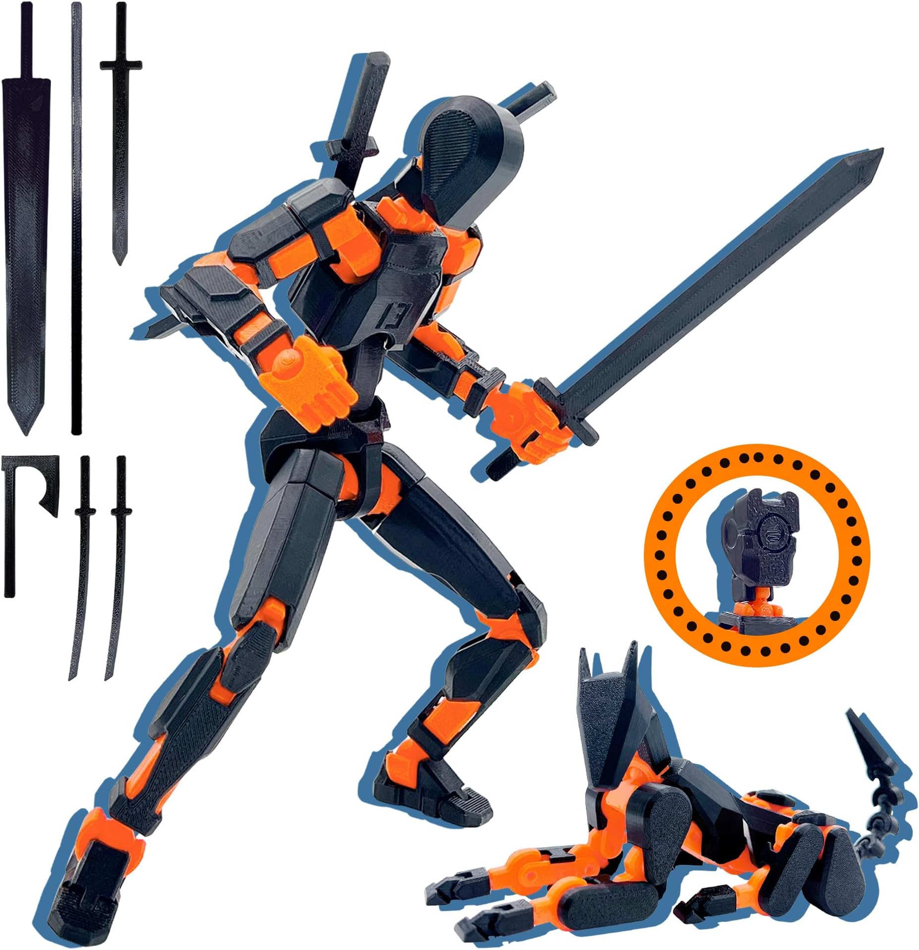 Uodofy (Assembly Completed) T13 3D Action Figure Set,Dummy Robo Titan 13 Action Figures,3D Printed Multi-Jointed Toy (Black + Orange)