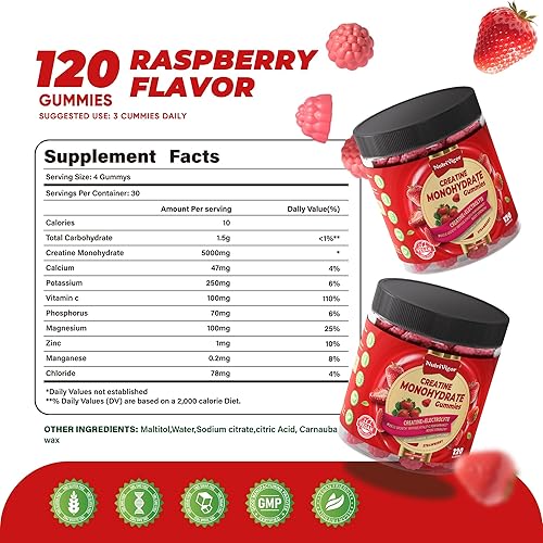 Miniatura 5 de Gomitas de monohidrato de creatina, 0.18 oz para hombres y mujeres, gomita preentrenamiento con electrolito, taurina para crecimiento muscular,