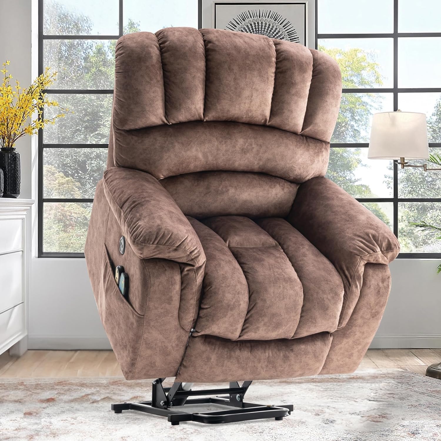 Large Power Lift Recliner Chair with Extended Footrest for Elderly Big Tall Man, Overstuffed Heated Massage Wide Electric Recliners with 2 Remote Controls, Side Packets & USB Ports, Brown