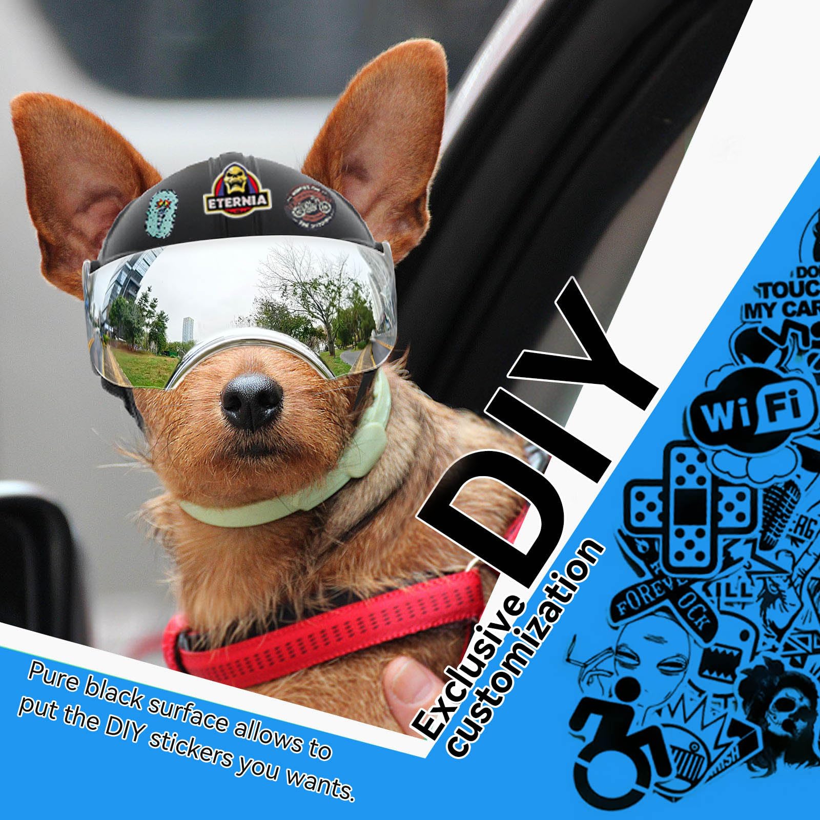 Casque pour chien avec lunettes de soleil anti-UV pour petits chiens, chiots (sans rivets) - Lentilles argentées