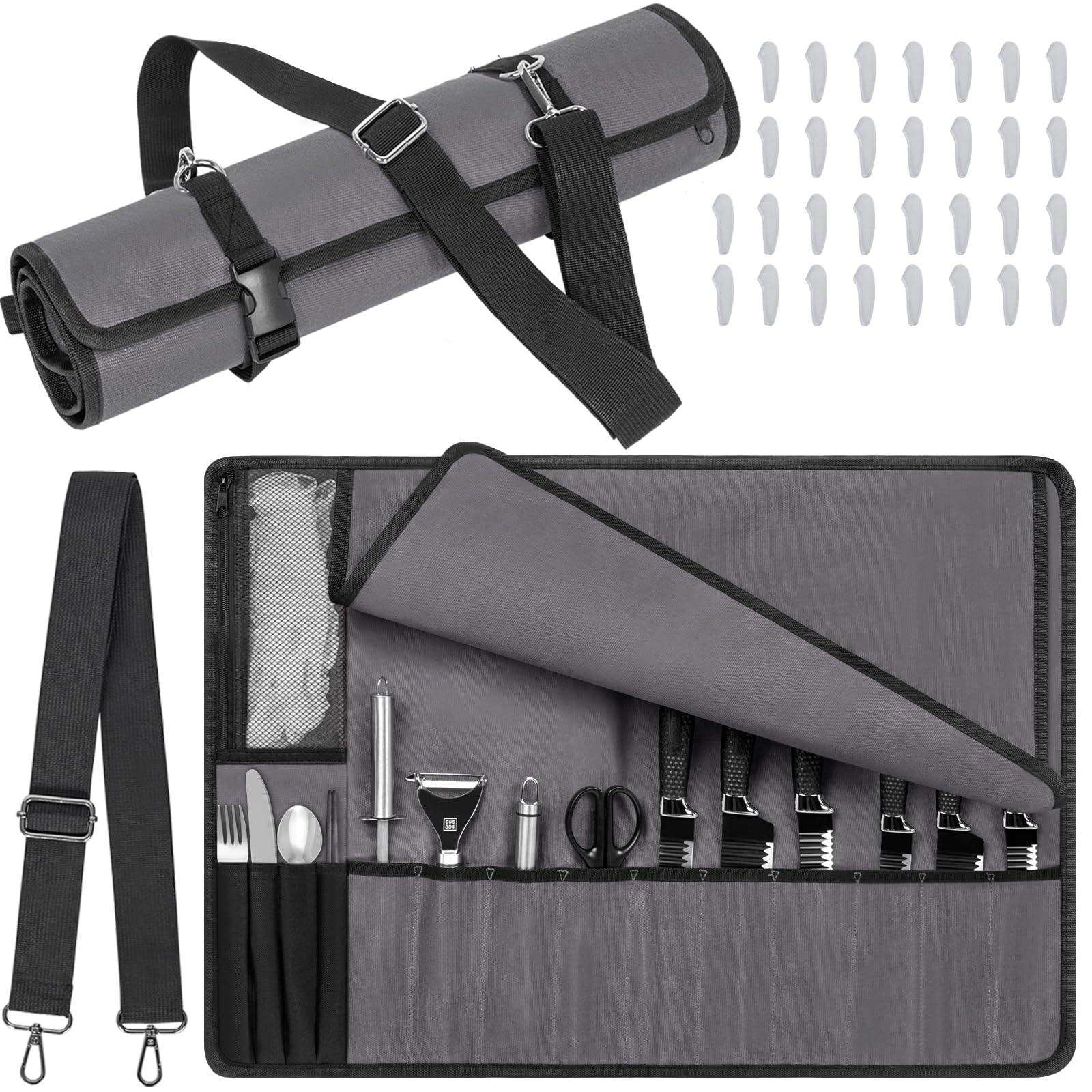 OUUTMEE Professional Chefs Knife Roll Bag 14 Slots | Waxed Canvas Knife Bag | Waterproof Knives Case Storage Tote for Camping, Hiking | Culinary Tool Roll Carrier | Gifts for Men Dad Father (Grey)