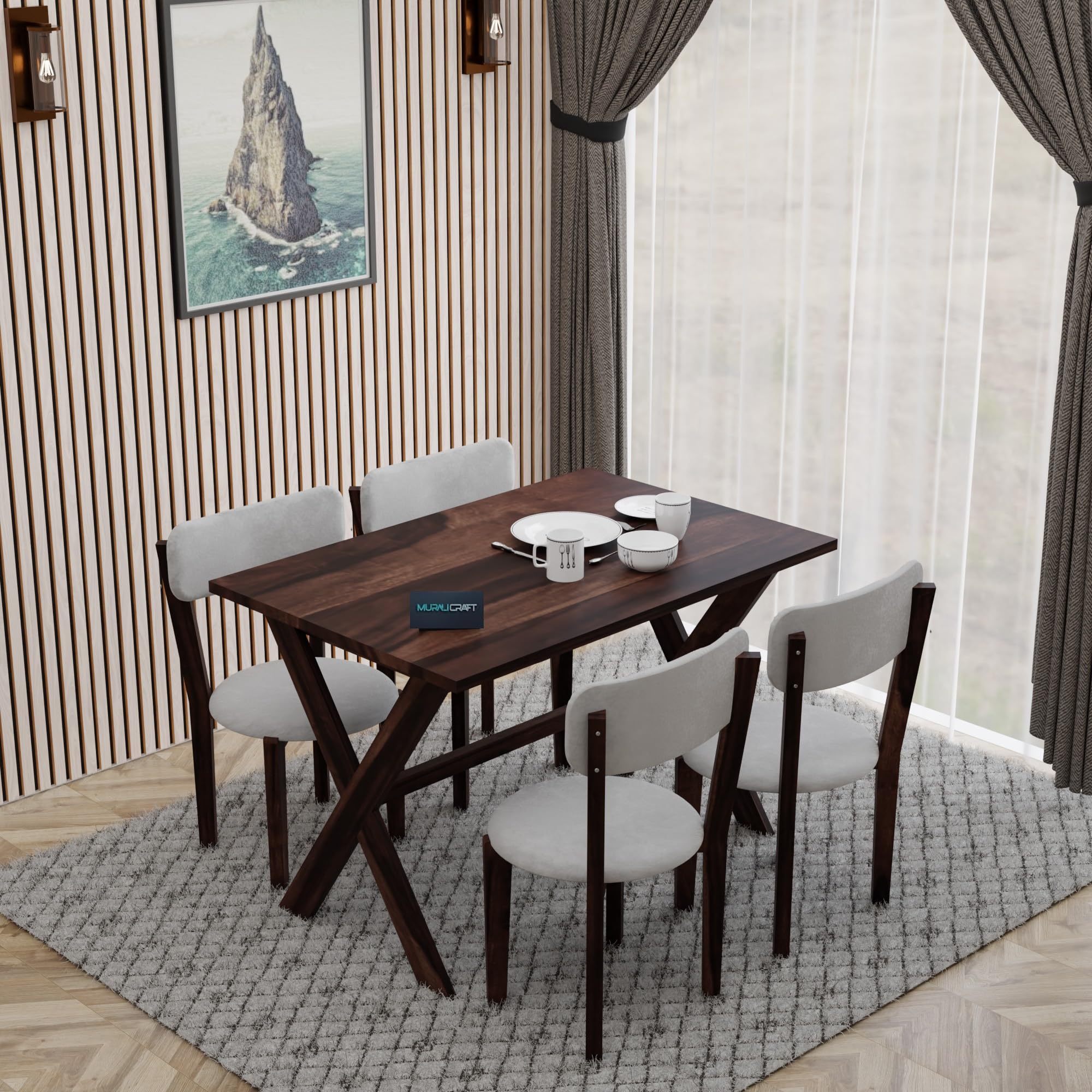 MURALICRAFT Sheesham Wood 45 Inch Dining Table 4 Seater | Four Seater Dinning Table Set with 4 Upholstered Dining Chairs | Table: Criss Cross Design | Chair: Premium Round Edge | Rosewood, Walnut