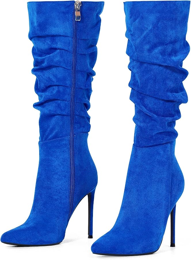 Amazon.com | Elisabet Tang Women's Knee High Booties,Faux Suede 4" Stiletto  Heel Pointed Toe Knee High Boots Side Zipper Boots Dress Shoes Navy Blue  Suede Size 7 | Knee-High