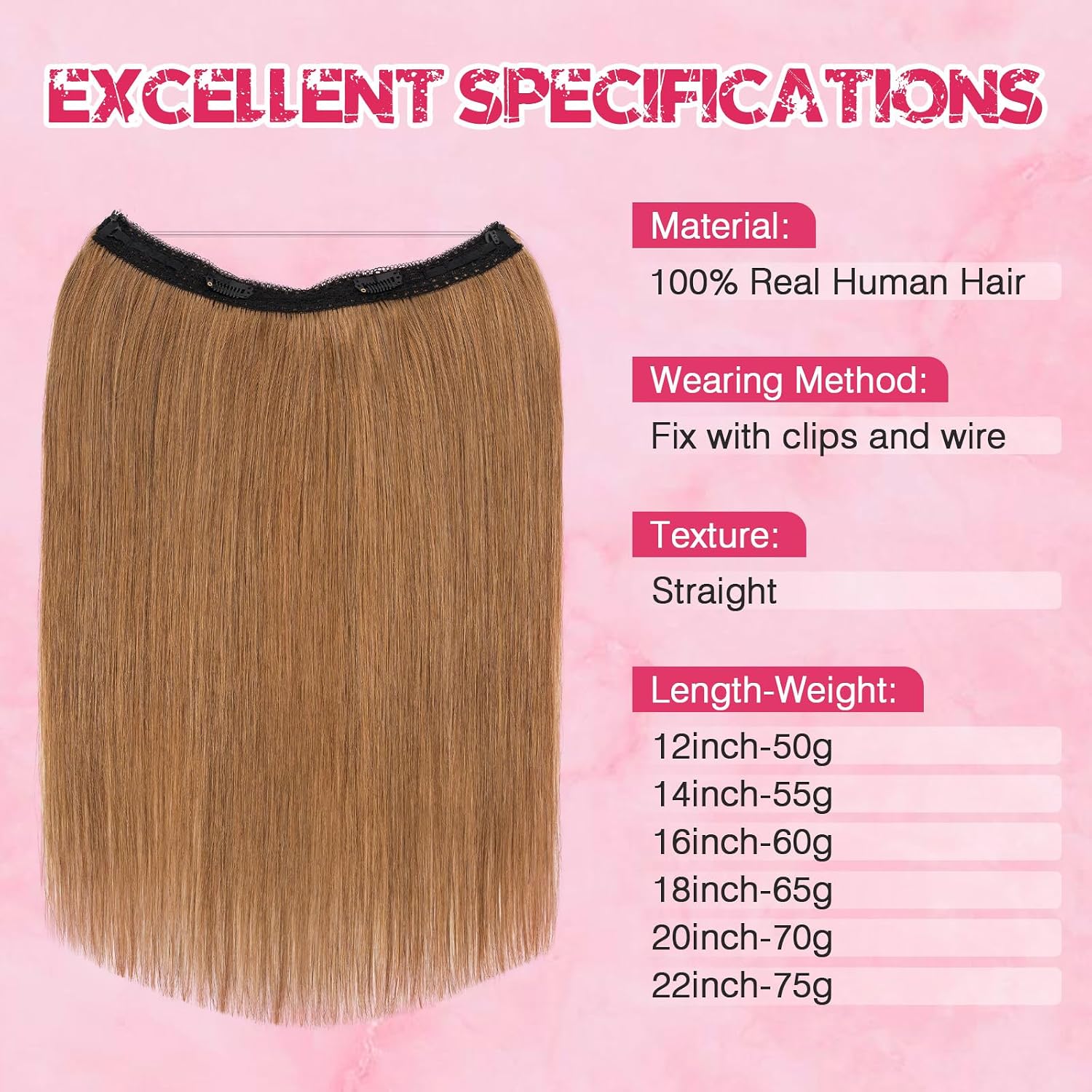 Halo Hair Extensions Real Human Hair, MY-LADY Adjustable Halo Extensions Real Human Hair, 16 inch Light Brown Women's Long Wavy Hair Invisible Wire Hair Extensions Thick End(80g)