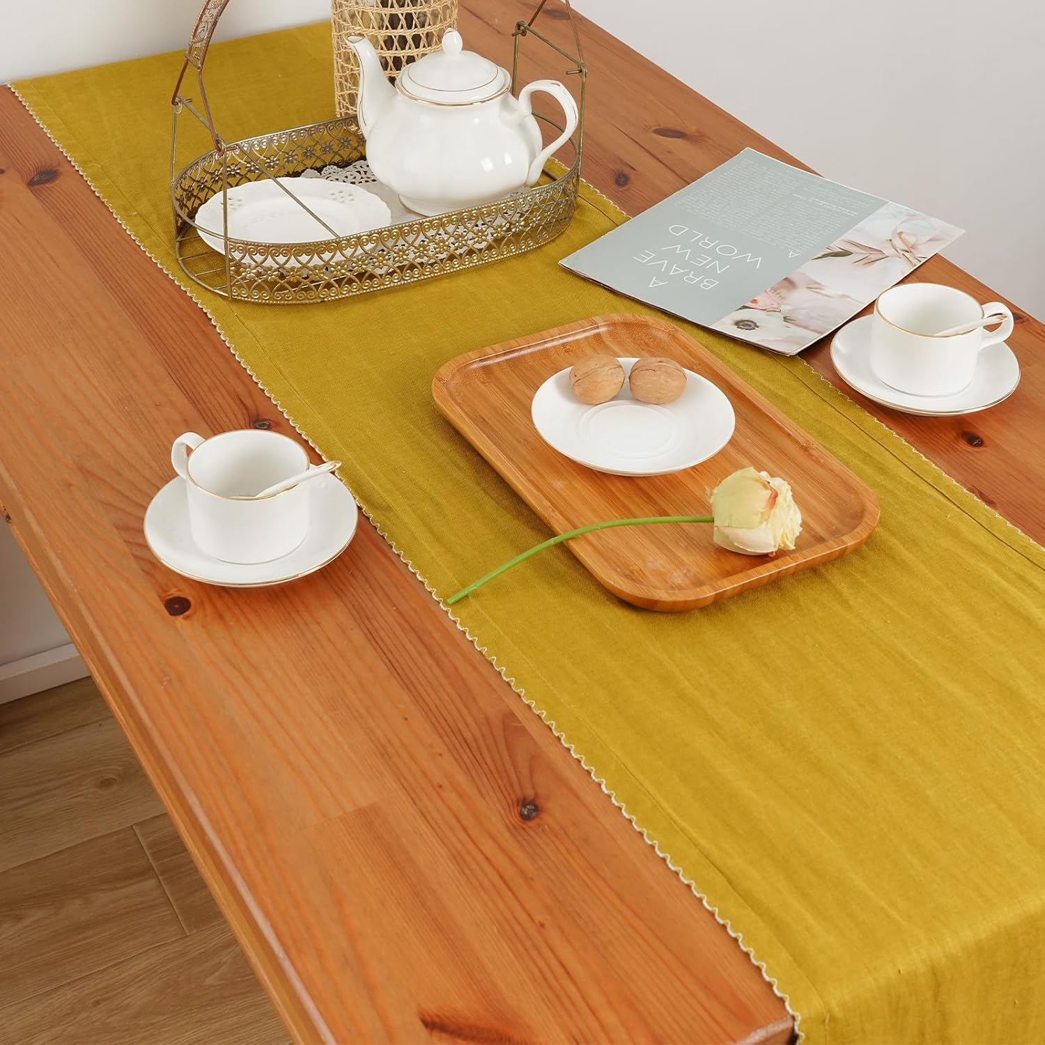 100% Pure Linen Natural Table Runner 106 Inches Long with Lace Table Runners Design 14 X 106 Inch Machine Washable for Dining,Wedding,Farmhouse and Spring,Summer (Turmeric)
