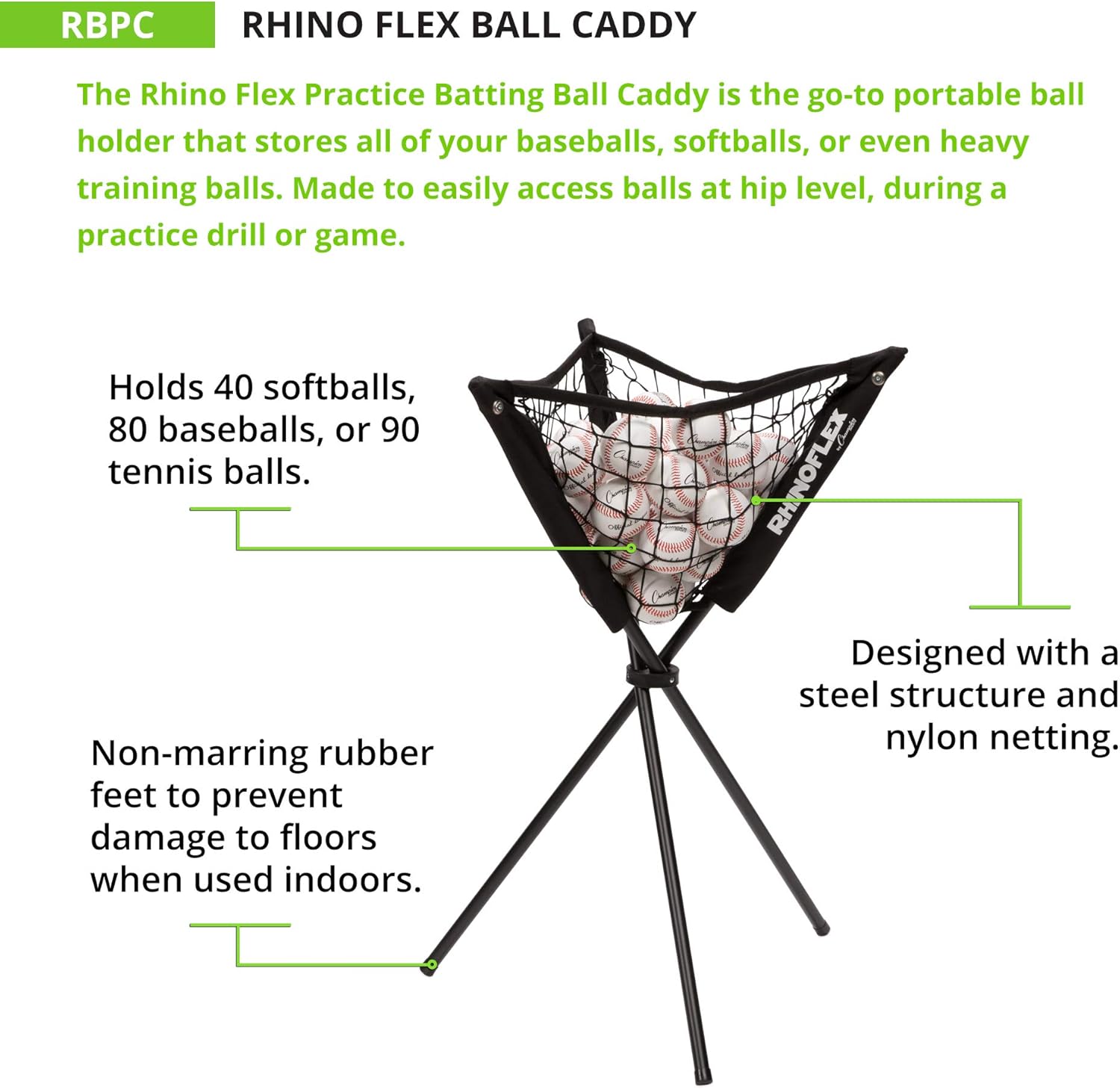 Champion Sports Rhino® Flex Ball Caddy - Knotless Polyester Net with Iron Frame - Lightweight Portable Storage - Batting Practice Ball Caddy - Weather Resistant - Includes Carrying Bag