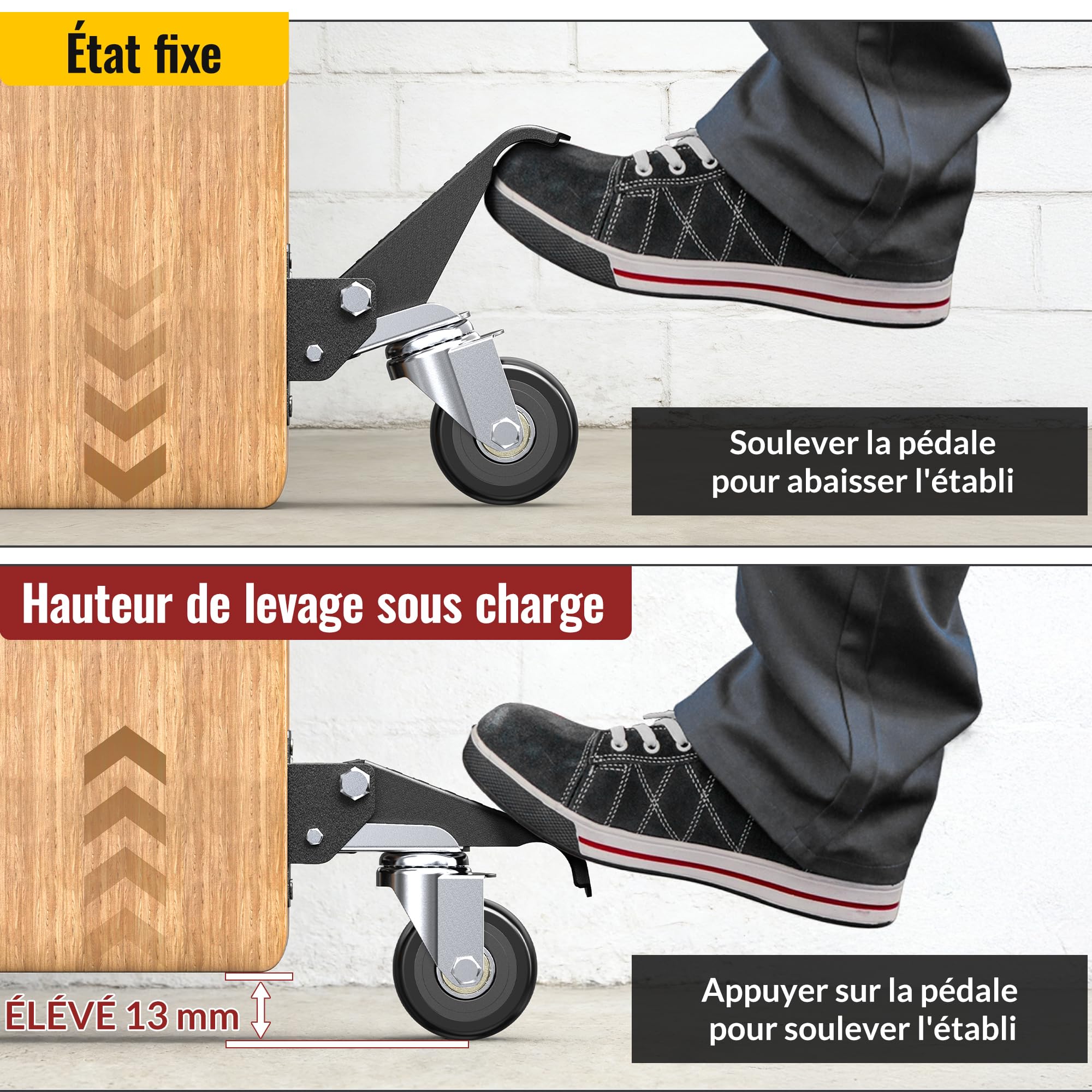 HOLKIE Roulettes amovibles Roulettes robustes avec fonction de déplacement et de retrait d'une charge maximale de 315 kg (4 roulettes) pour les postes de travail ou d'autres équipements