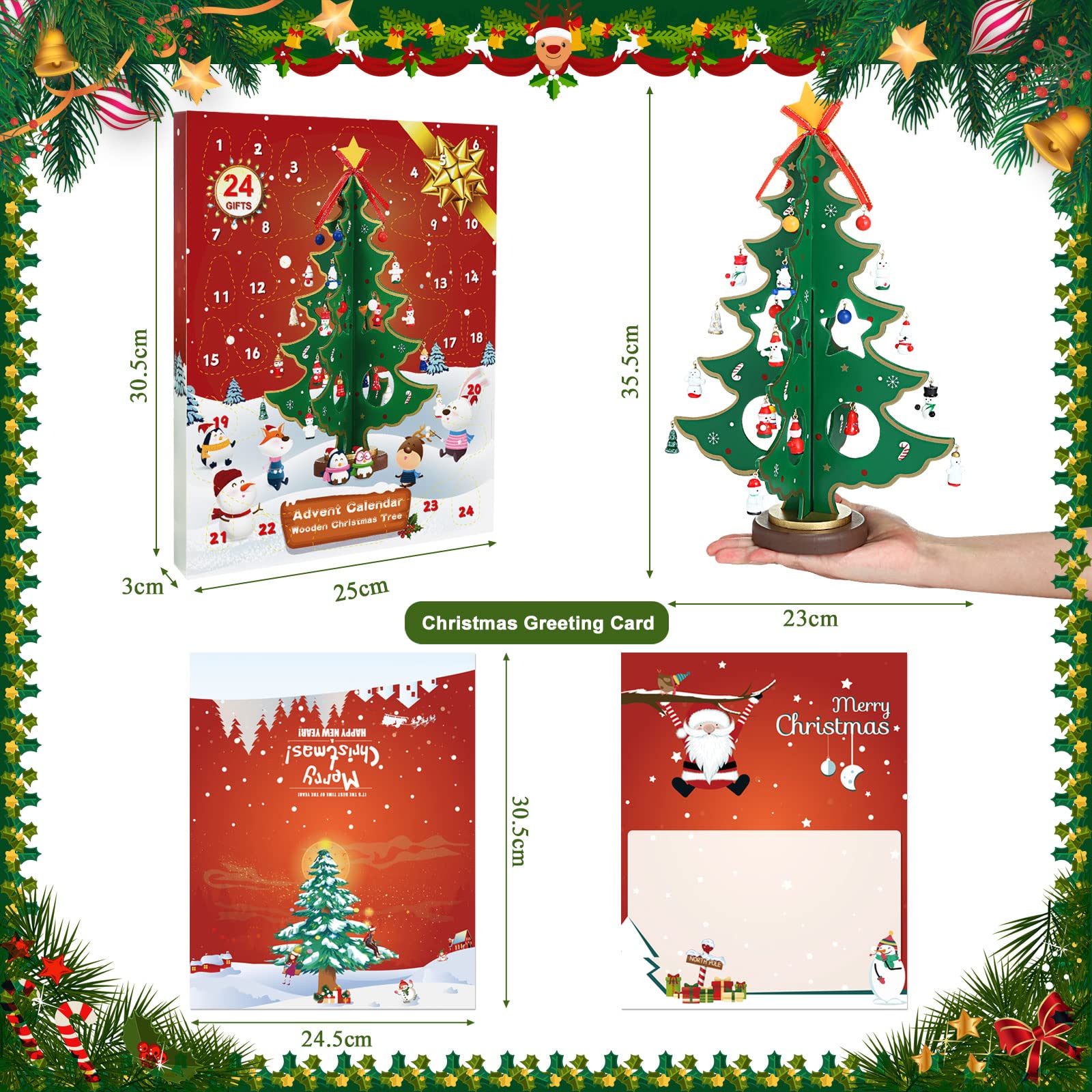 LEMESO Calendario de Adviento Árbol de Navidad Madera 3D con 24 Decoraciones Colgantes 35,5cm