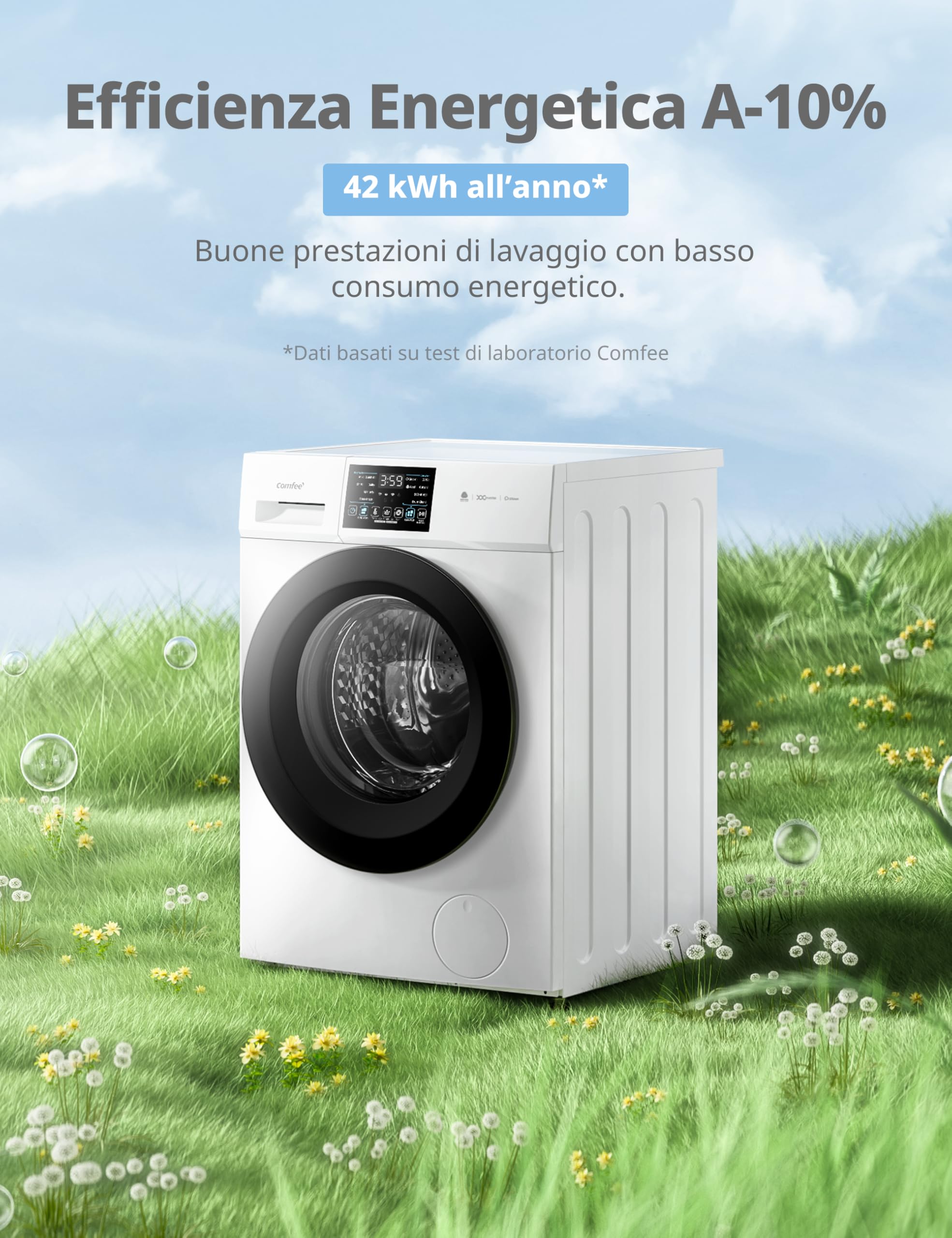 COMFEE' Lavatrice Carica Frontale 8 kg, Classe A-10%, 1400 Giri, Vapore Igienico, Motore Inverter Silenzioso, Lavaggio Rapido, Pannello touch, Wool, Bianco - CFP03EW80W-IT
