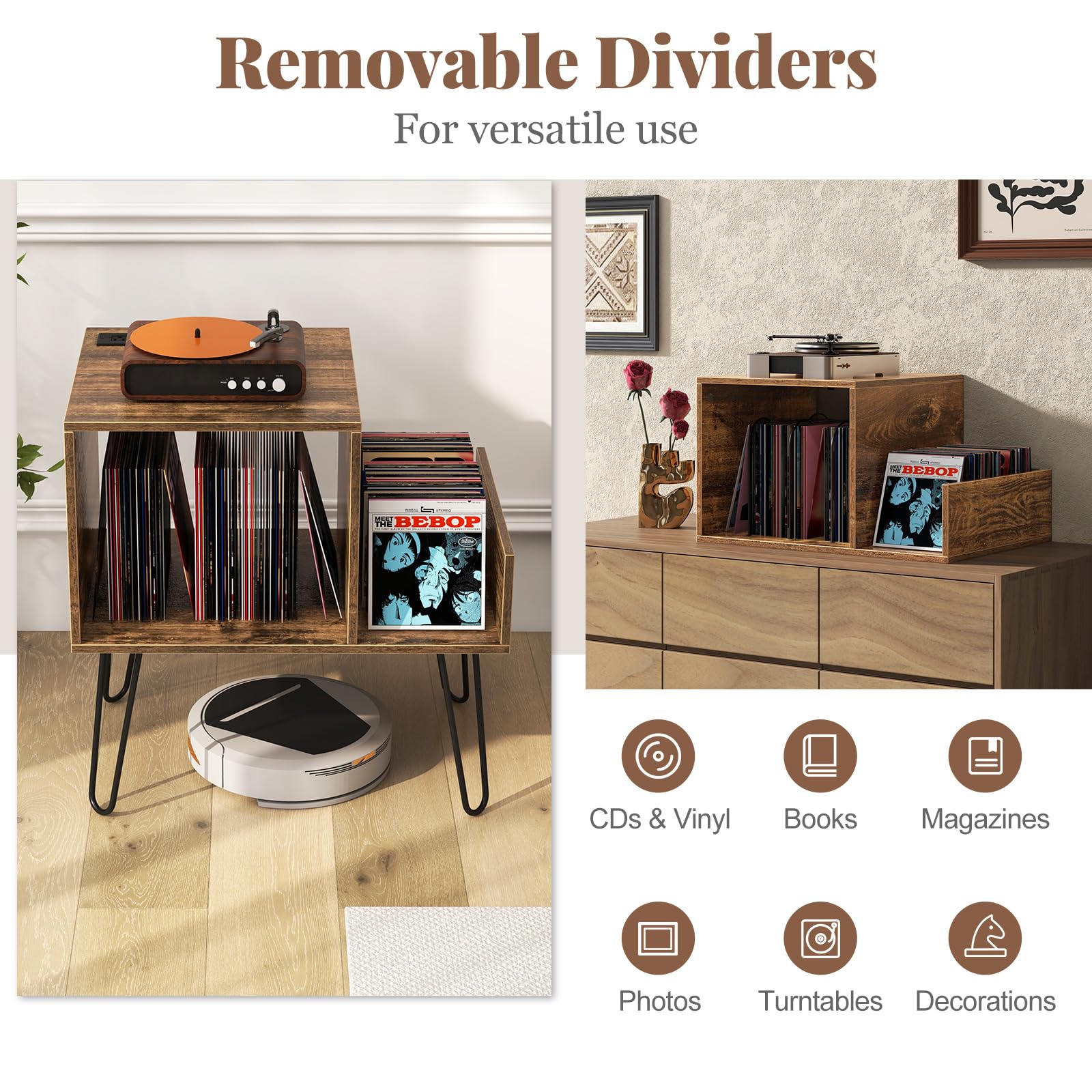 KOMFOTTEU Meuble Platine Vinyle avec Station de Charge, pour jusqu'à 145 Albums, Support de Tourne-Disque, Séparateurs et Étagère latérale, Étagère de présentation (Marron)