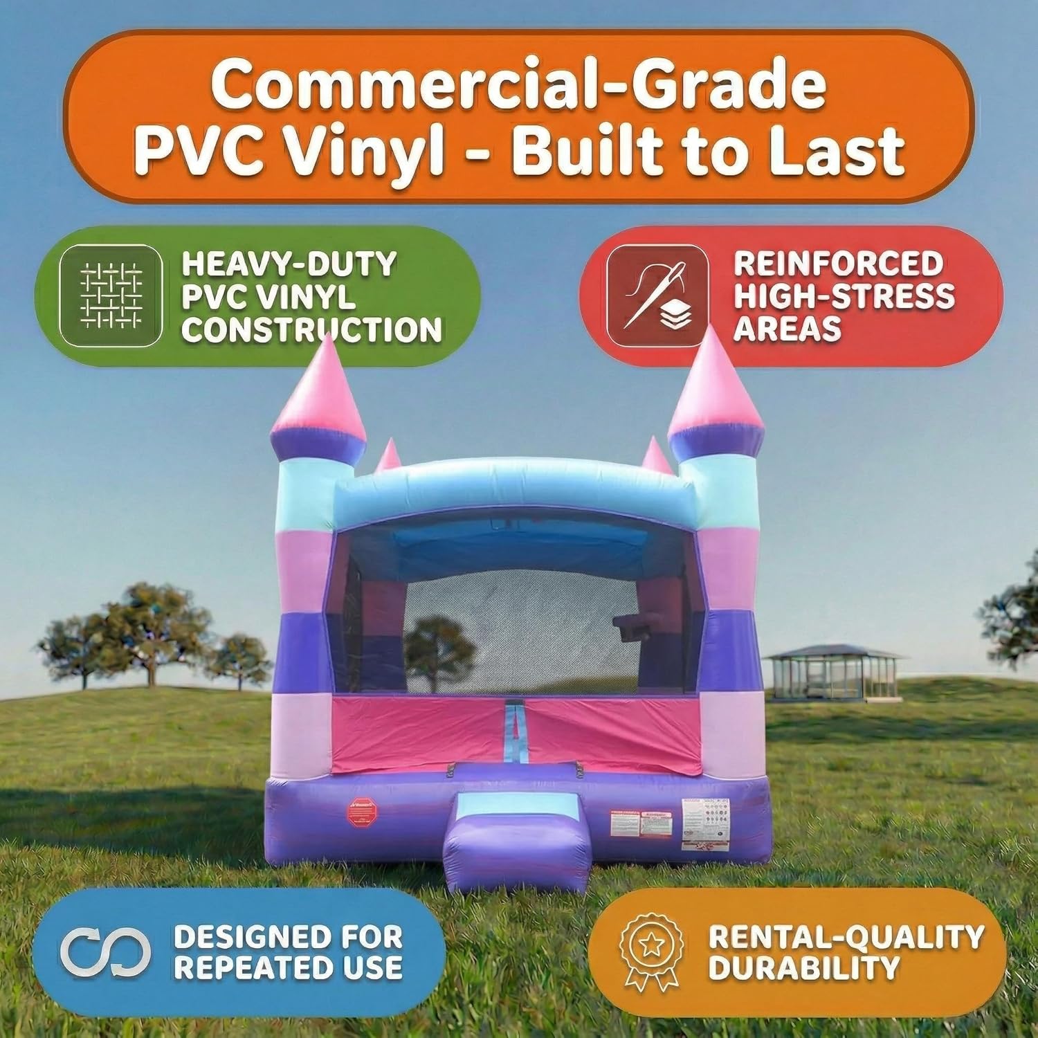 Crossover Deluxe Pink Purple Castle Inflatable Bounce House for Kids and Toddlers, 13 x 12 x 14.5 Foot Bouncy Jump Castle Backyard Jumper, Commercial-Grade Vinyl, with Blower, Stakes and Storage Bag