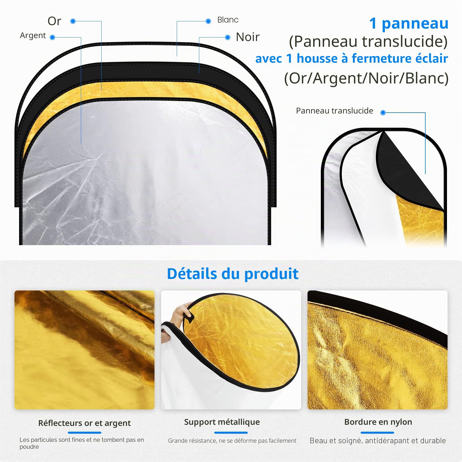 Neewer® Lot de 5 réflecteurs de lumière ovales repliables - Matériel de Photo Professionnel - Translucide, argenté, Noir, doré, Blanc - 120 x 180 cm