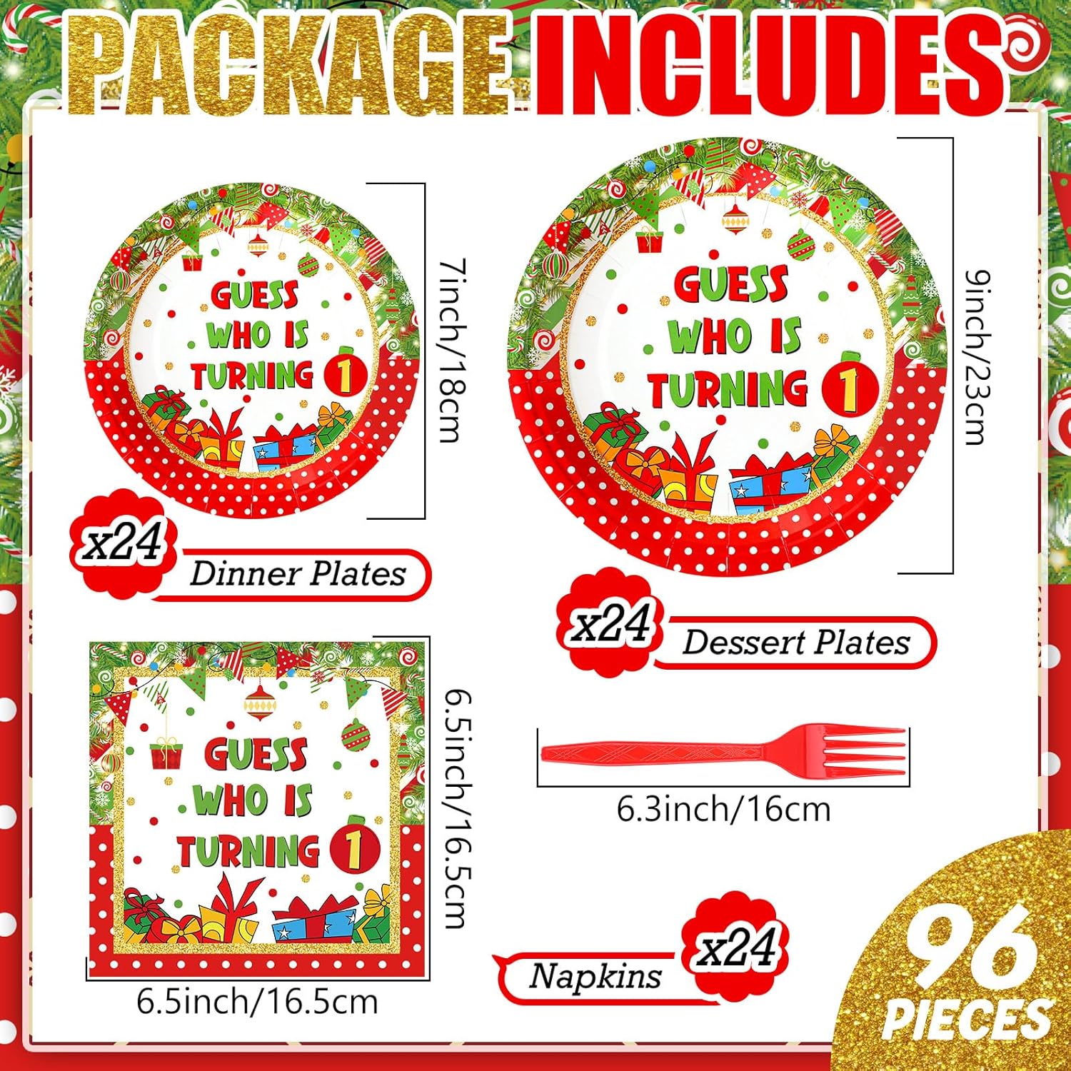96 Pcs Red and Green Christmas 1st Birthday Party Decorations for 24 Guest Merry Christmas Party Supplies Lime Green Red Disposable Tableware 24 Set Plate Fork Napkin for Holiday Elf Home Decoration
