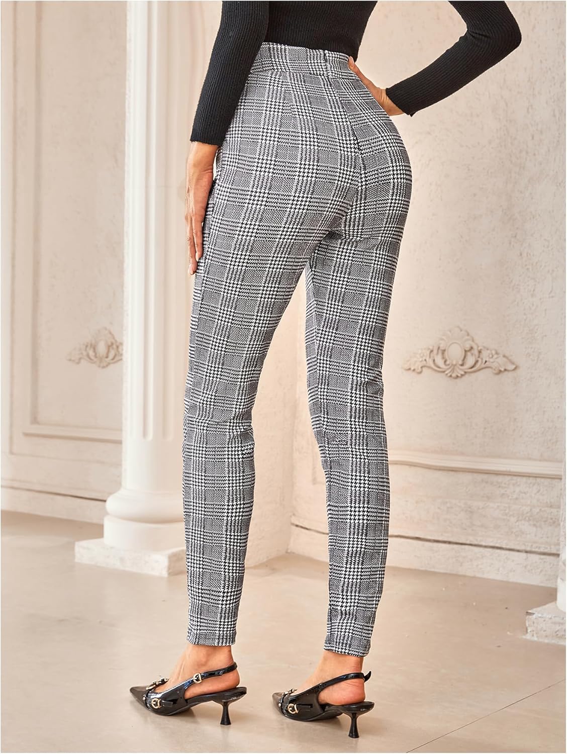 WDIRARA Women's Plaid High Waist Belted Skinny Pants Casual Stretchy Leggings - Image 2