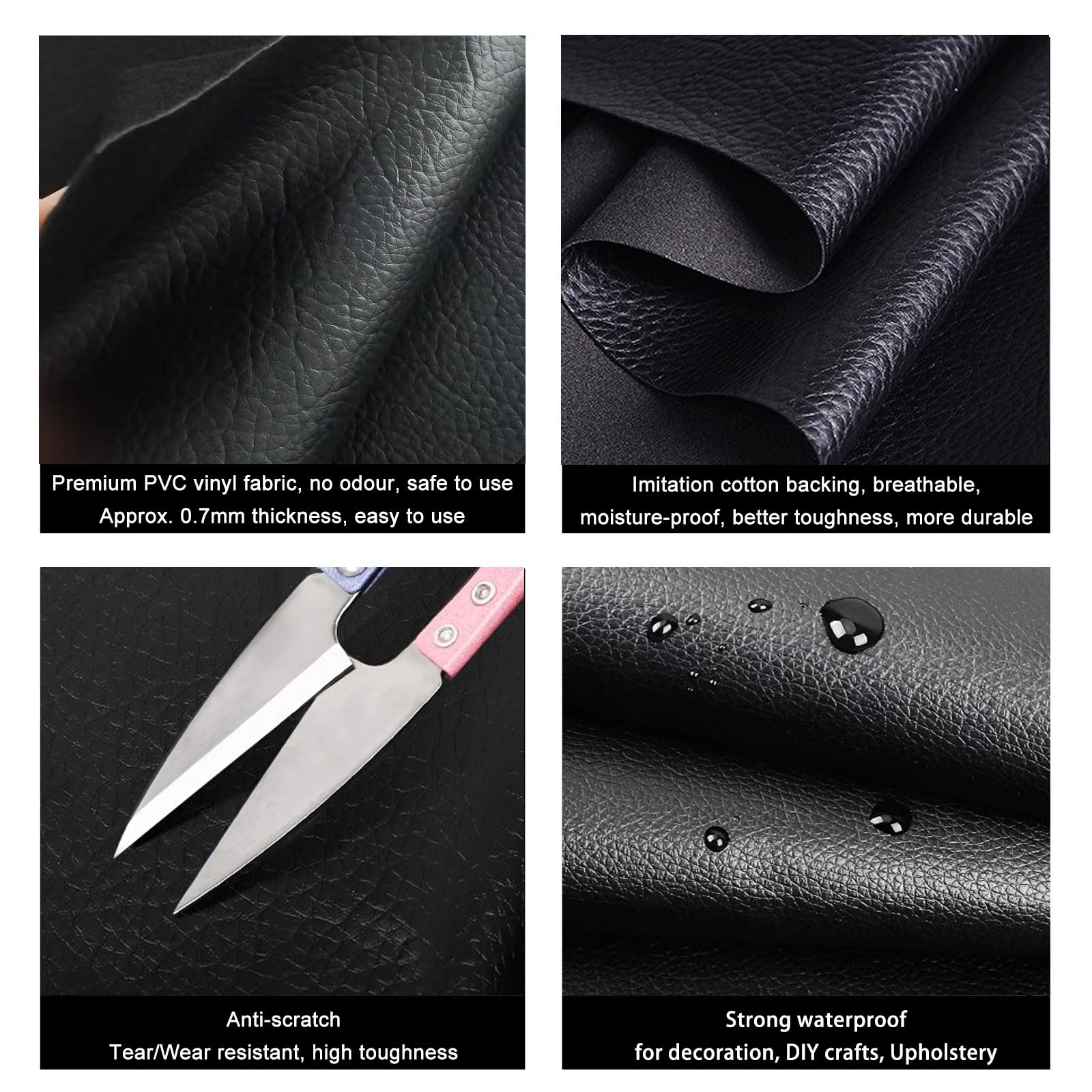 Faux Leather Fabric Lychee Texture 140cm/55'' Width Black Vinyl Leatherette Synthetic Leather Material for Upholstery Cars - Image 3