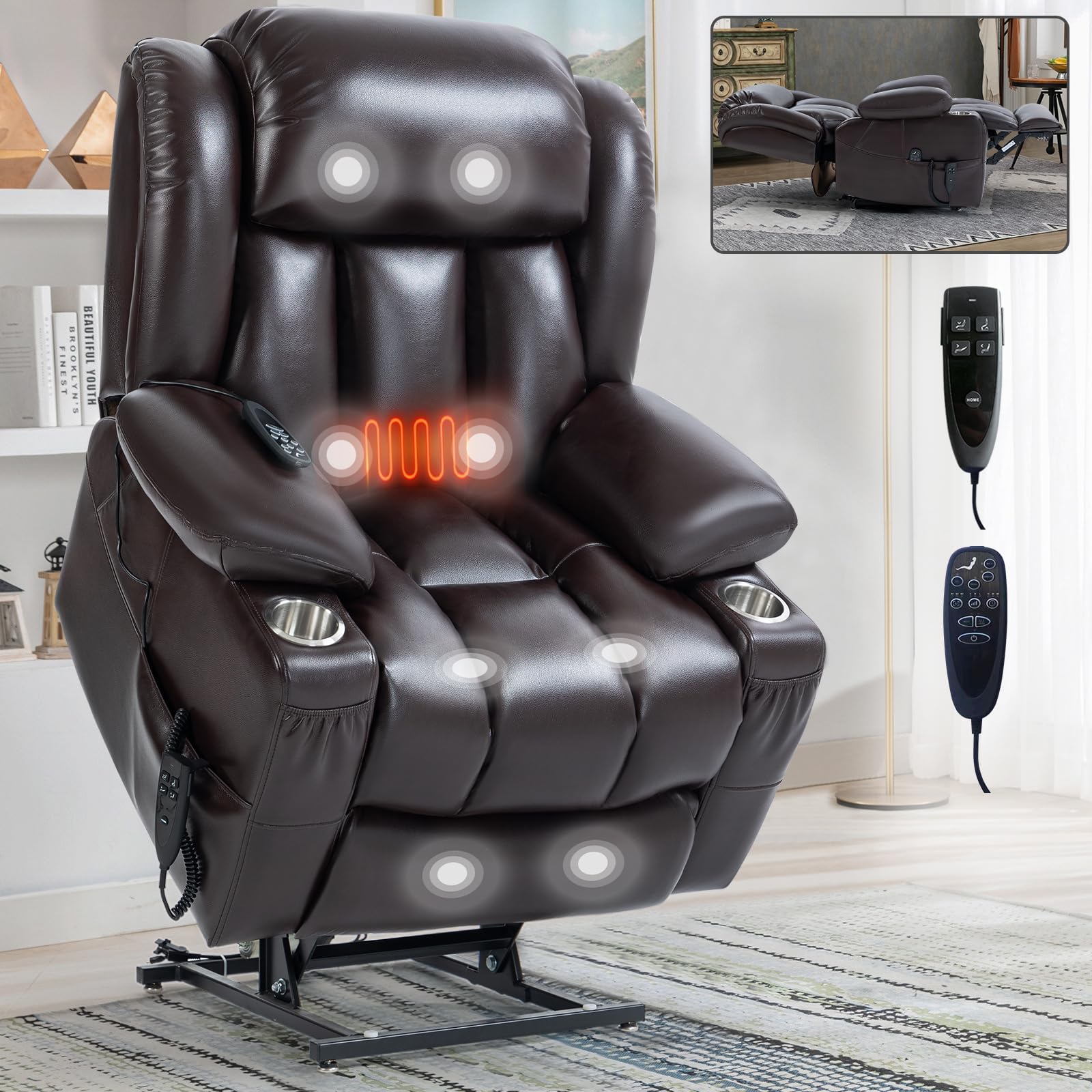 LUSPAZ Electric Power Dual OKIN Motor Lift Recliner Chair for Elderly, Vibration Massage Recliner Chair with Heat, 180 Degrees Lay Flat Recliner, Infinite Position, Brown (incomplete box B only)